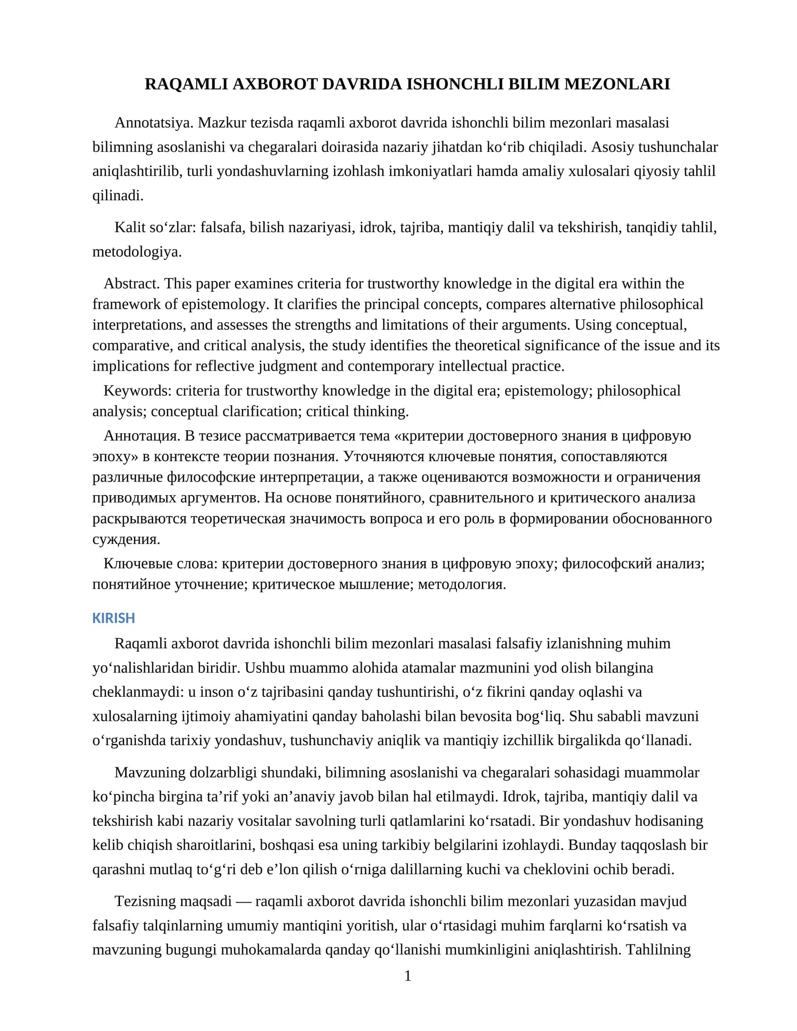 RAQAMLI AXBOROT DAVRIDA ISHONCHLI BILIM MEZONLARI