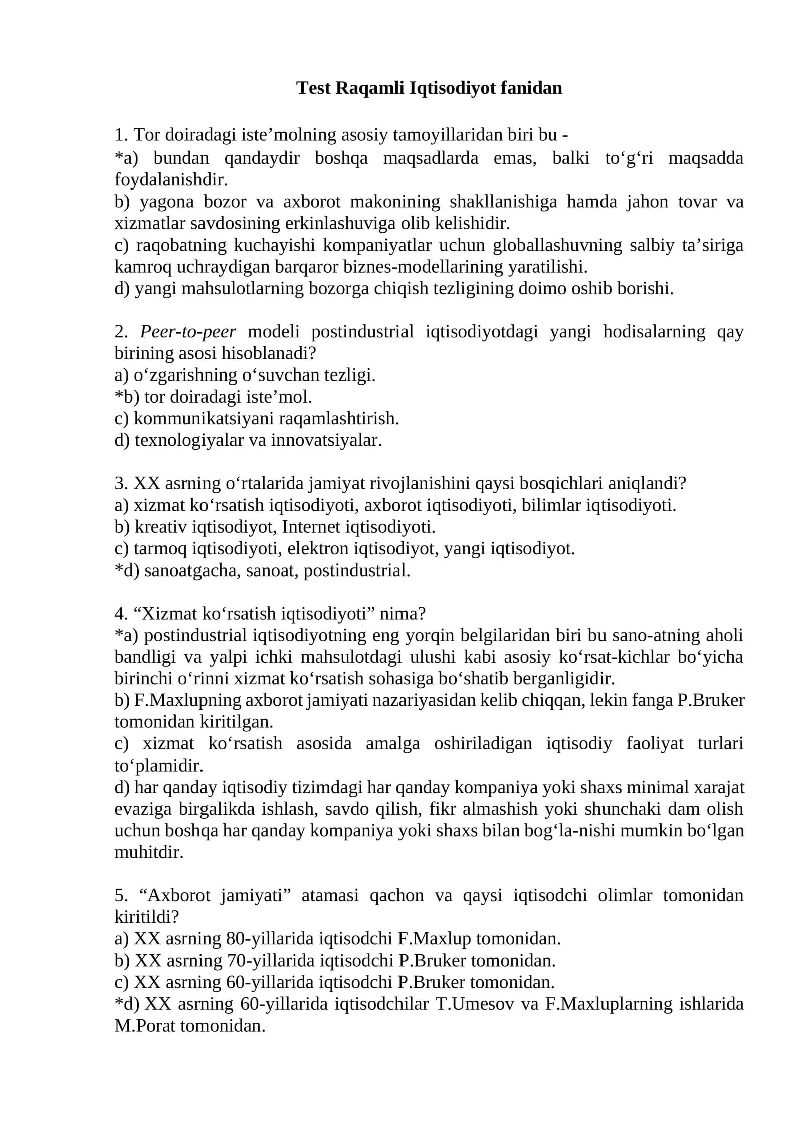 Test Raqamli Iqtisodiyot fanidan