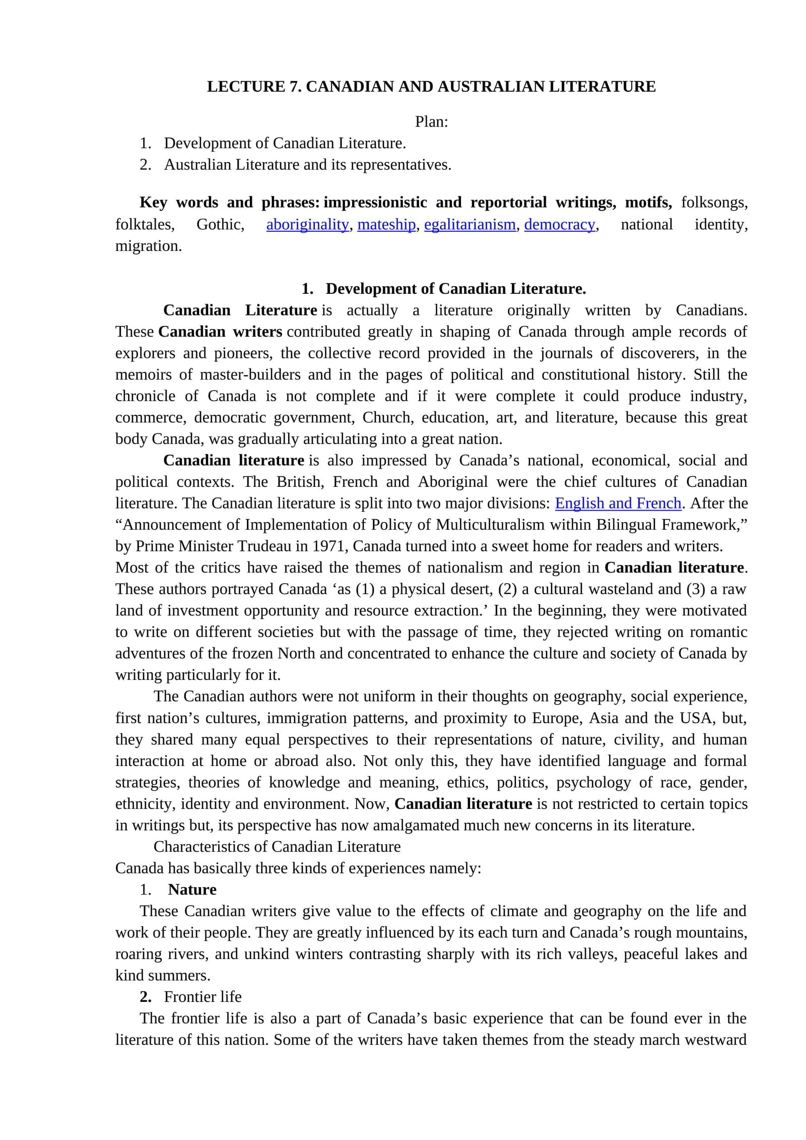 LECTURE 7. CANADIAN AND AUSTRALIAN LITERATURE