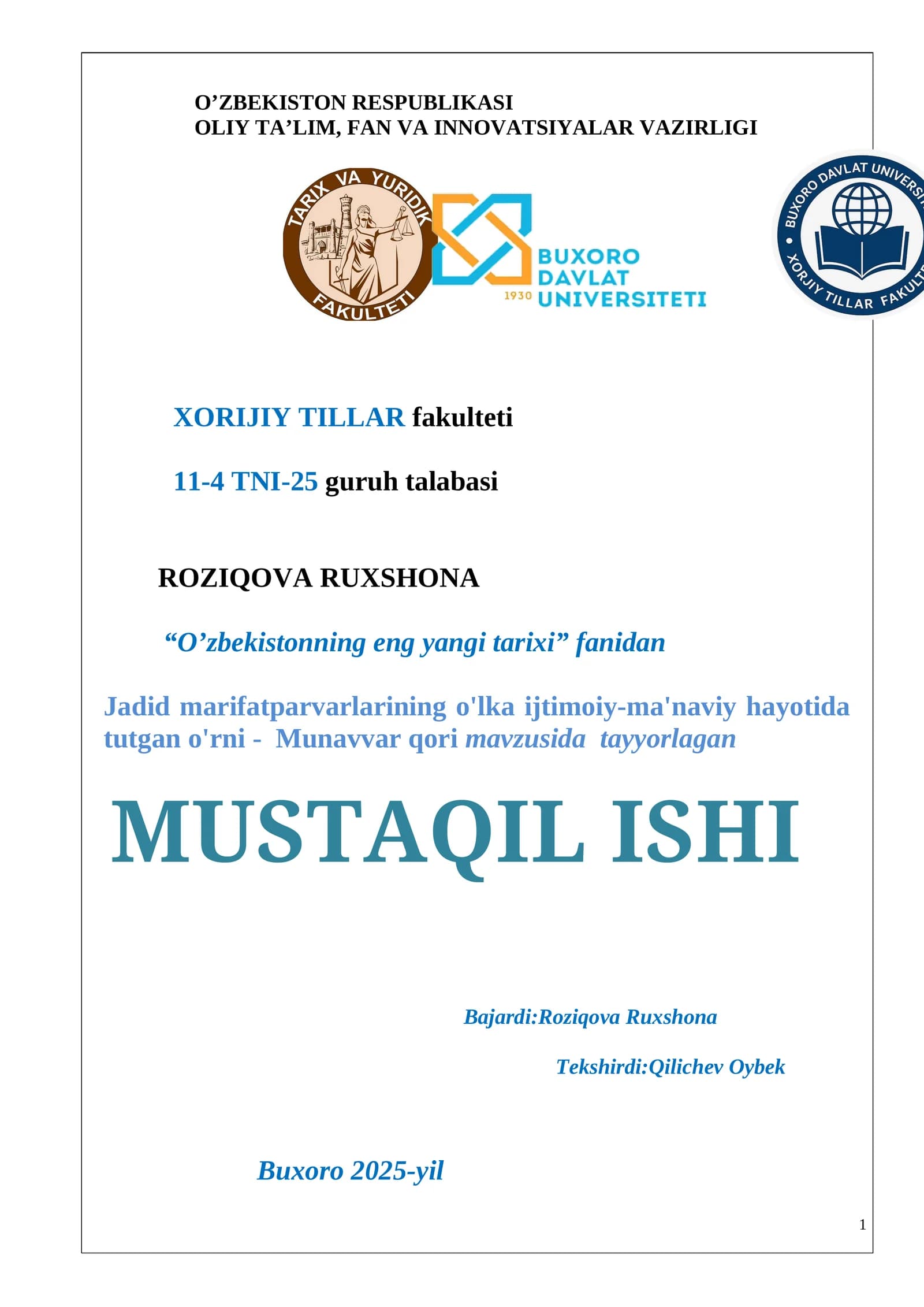 Jadid marifatparvarlarining o'lka ijtimoiy-ma'naviy hayotida tutgan o'rni - Munavvar qori