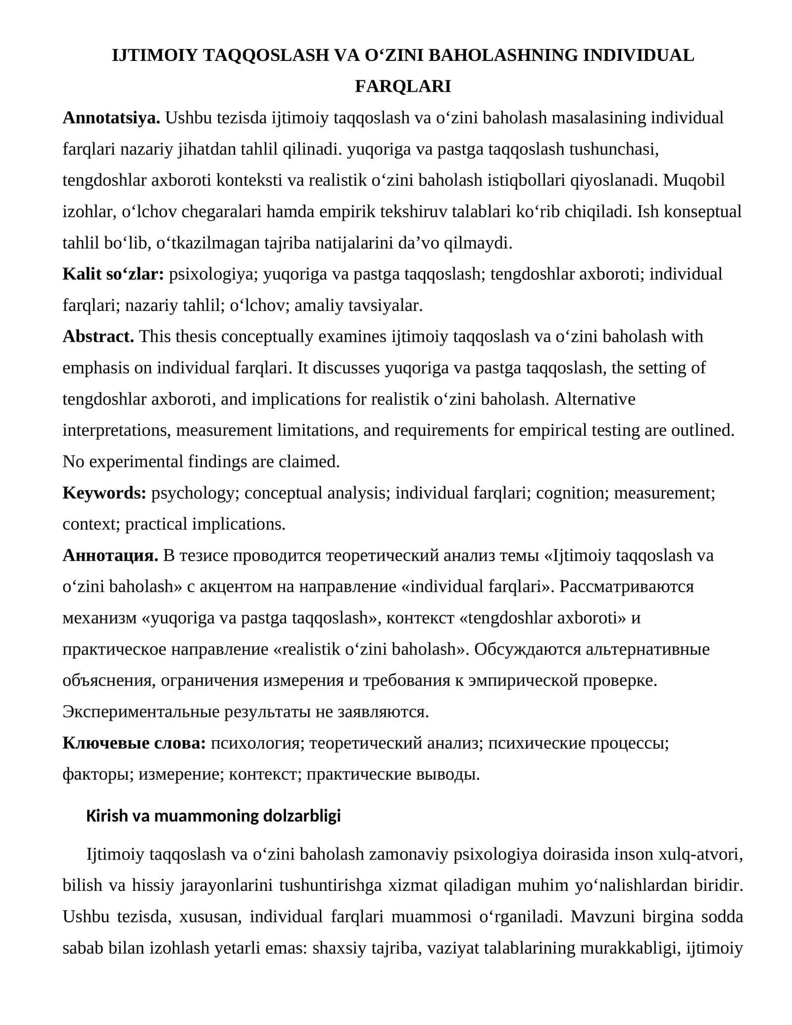 IJTIMOIY TAQQOSLASH VA O‘ZINI BAHOLASHNING INDIVIDUAL FARQLARI