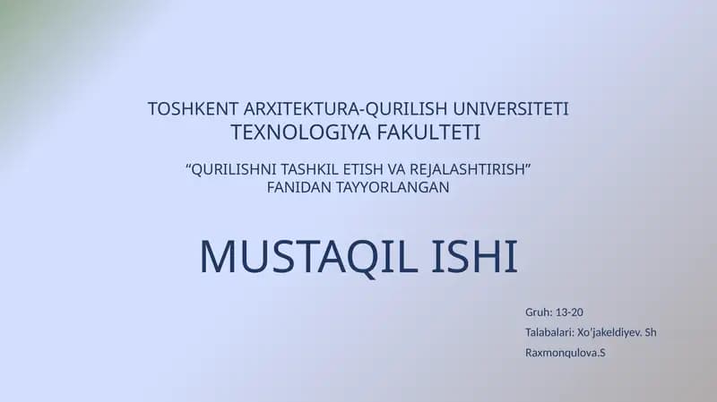 Qurilish maydonini vaqtinchalik suv bilan ta’minlashni loyihalash masalalarini o’rganish