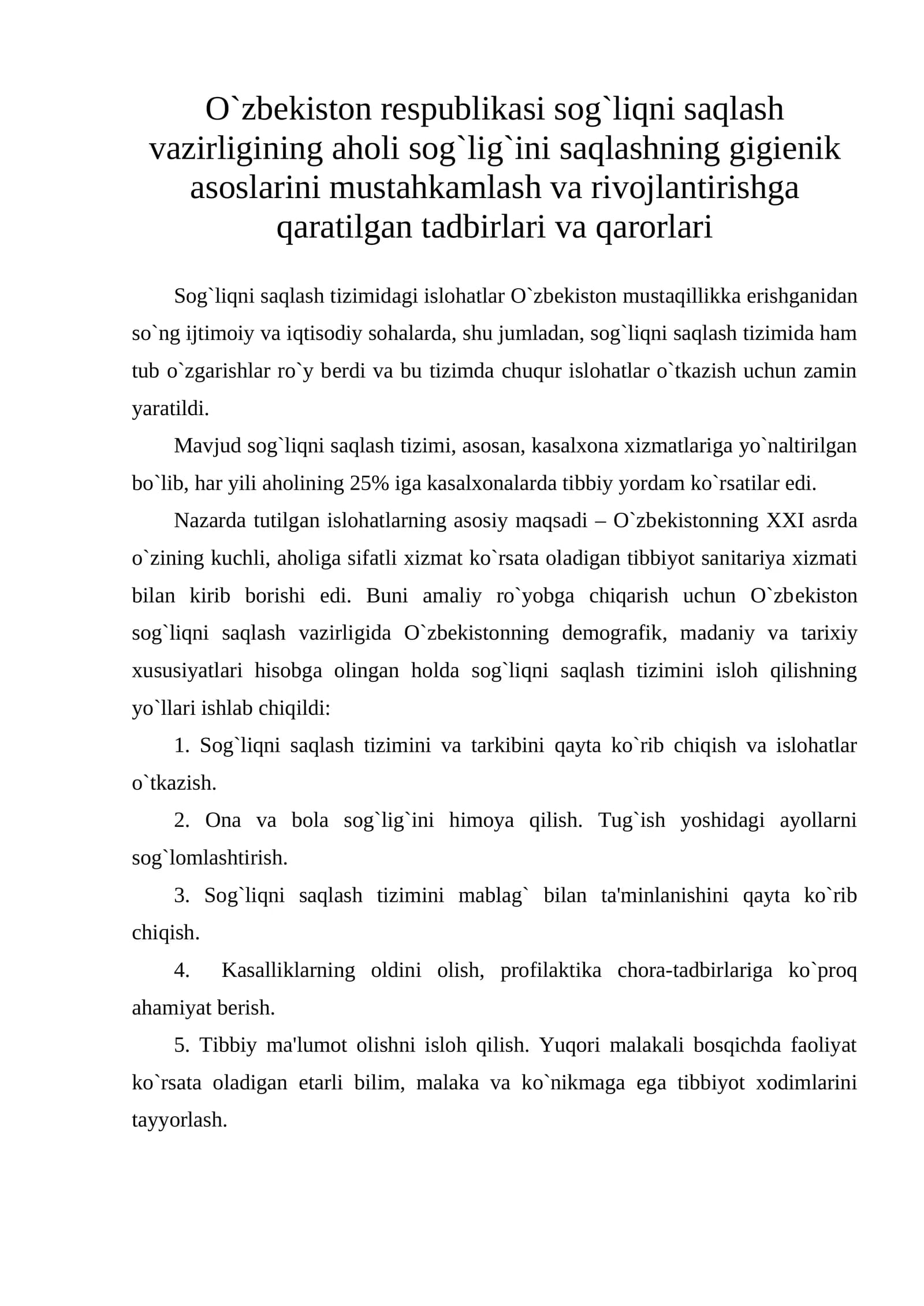 Sog`liqni saqlash vazirligining aholi sog`lig`ini saqlashning gigiеnik asoslarini mustahkamlash va rivojlantirishga qaratilgan tadbirlari va qarorlari