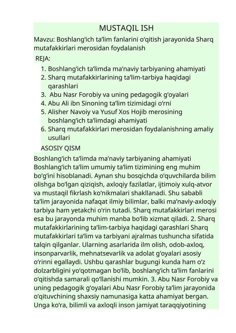 Boshlang‘ich ta’lim fanlarini o‘qitish jarayonida Sharq mutafakkirlari merosidan foydalanish