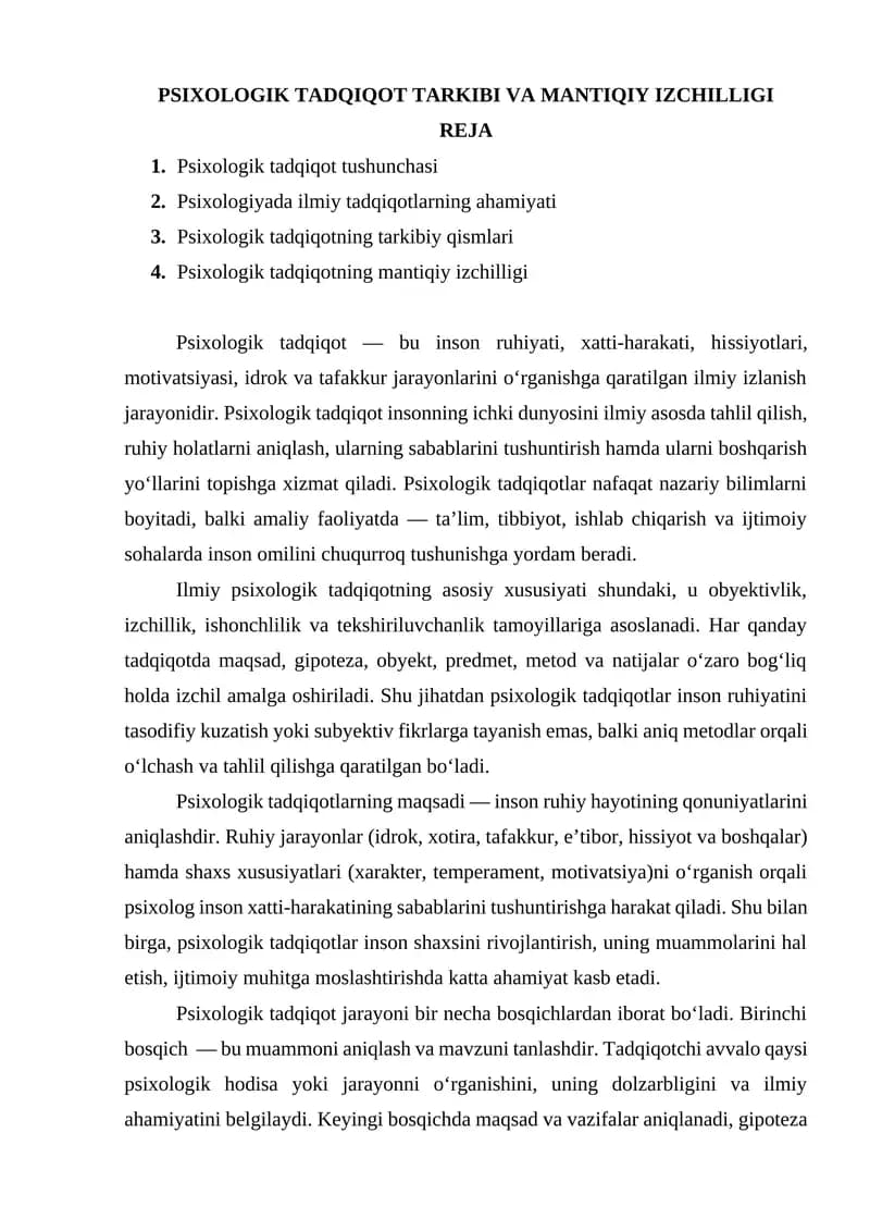 PSIXOLOGIK TADQIQOT TARKIBI VA MANTIQIY IZCHILLIGI