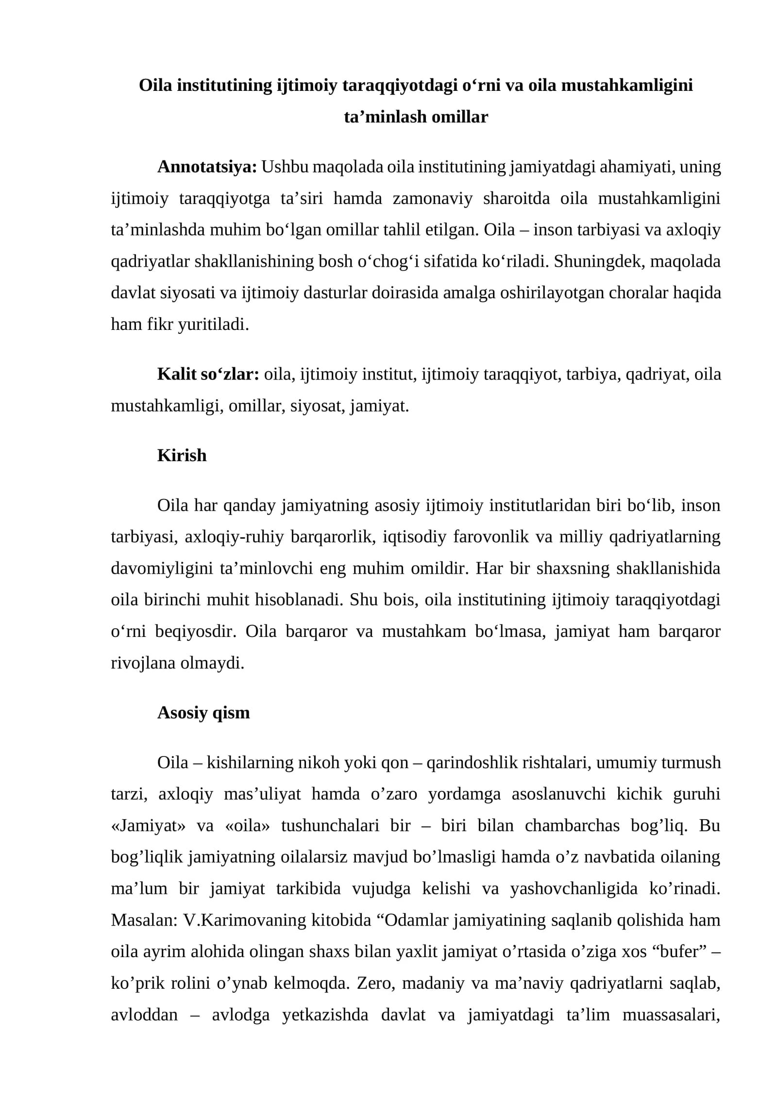 Oilaning ijtimoiy taraqqiyotdagi o'rni va oila mustahkamligini ta’minlash omillari
