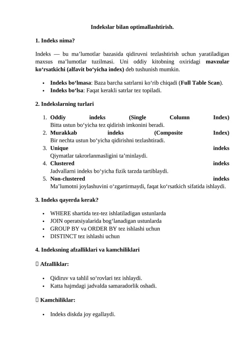Indekslar bilan optimallashtirish.