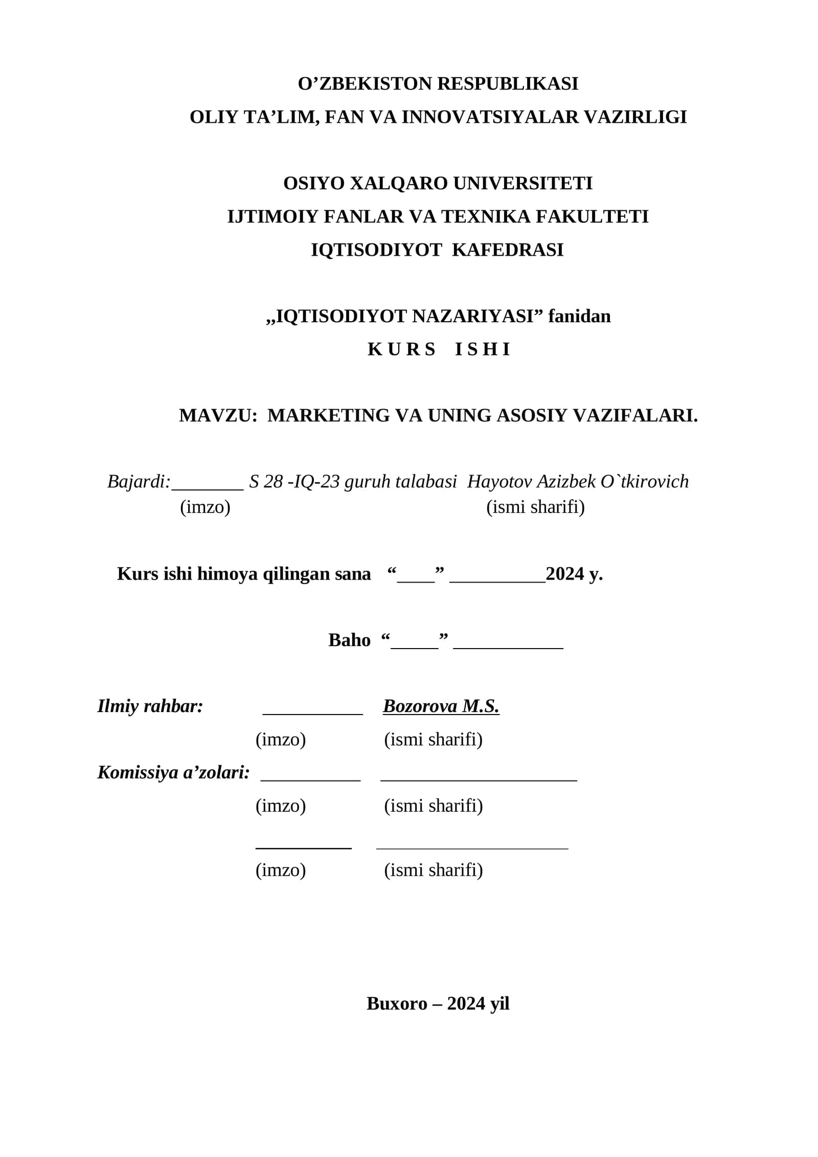 MARKETING VA UNING ASOSIY VAZIFALARI