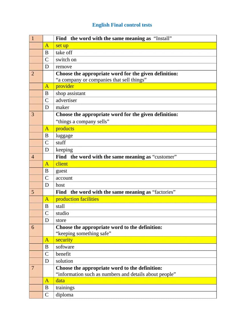 English Final control tests