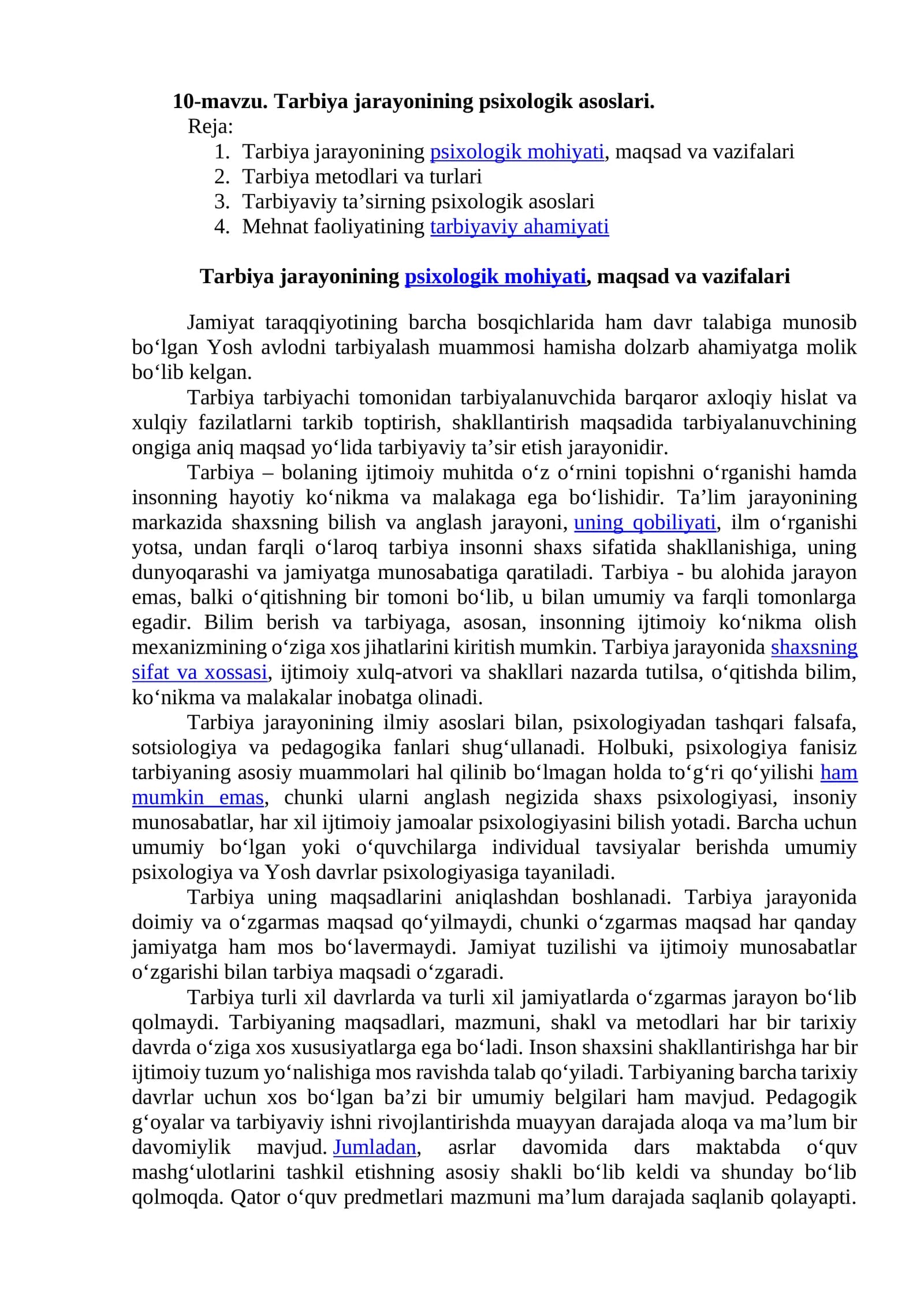 Tarbiya jarayonining psixologik asoslari
