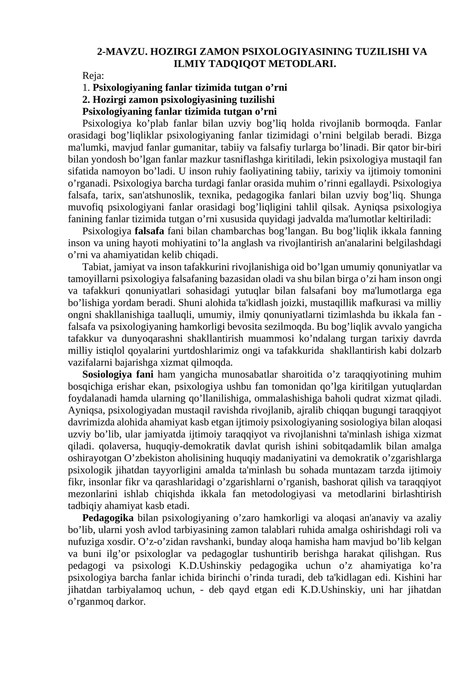MAVZU. HOZIRGI ZAMON PSIXOLOGIYASINING TUZILISHI VA ILMIY TADQIQOT METODLARI