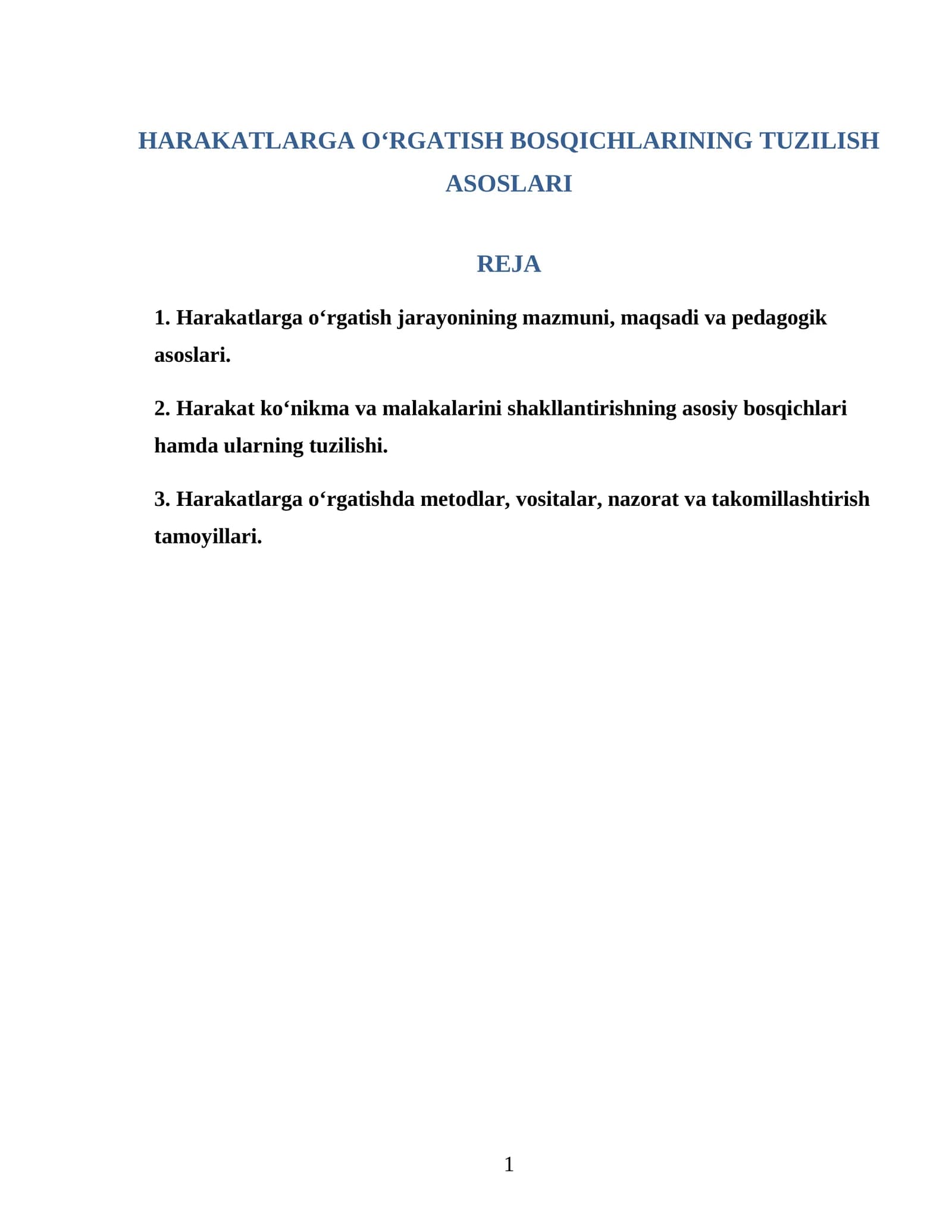 HARAKATLARGA O‘RGATISH BOSQICHLARINING TUZILISH ASOSLARI