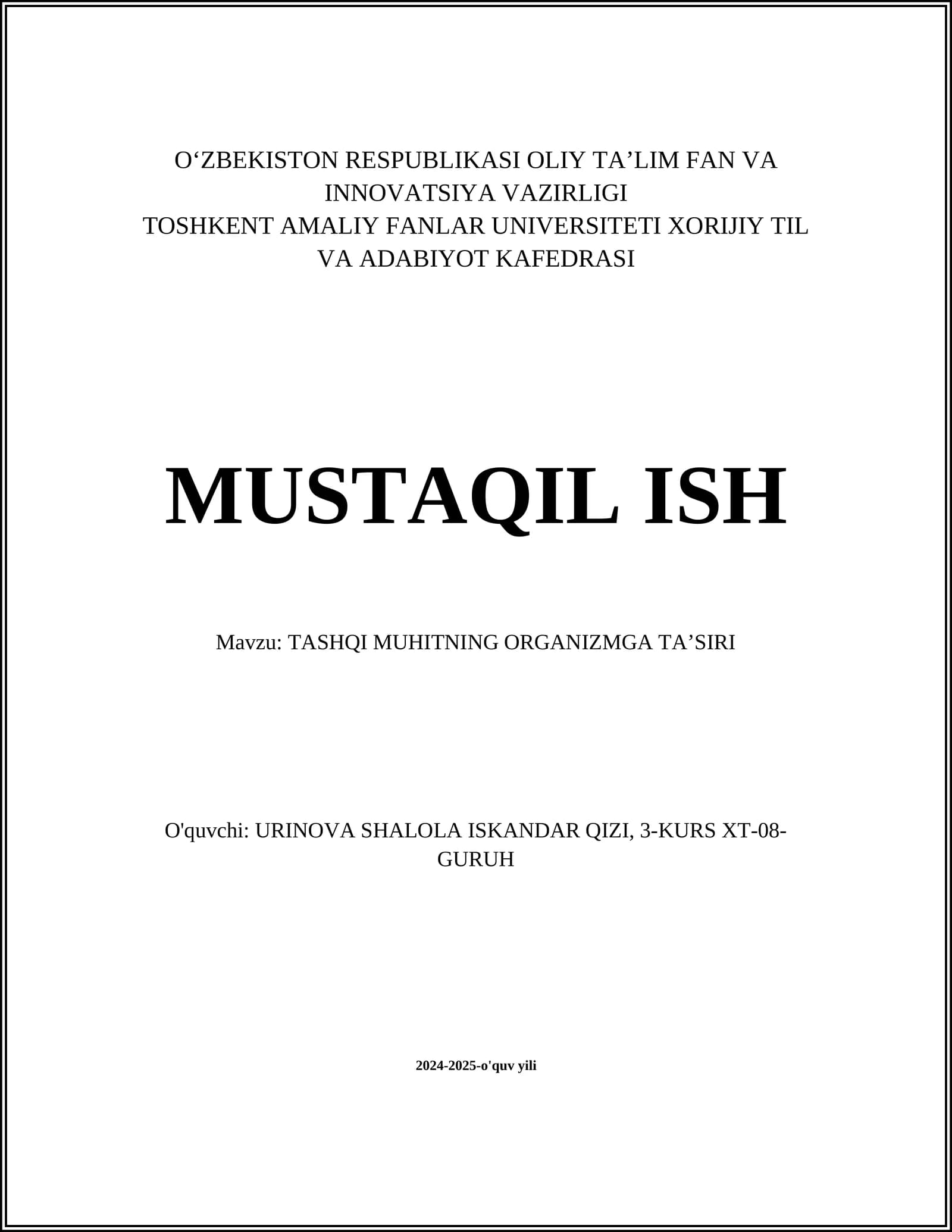 TASHQI MUHITNING ORGANIZMGA TA'SIRI