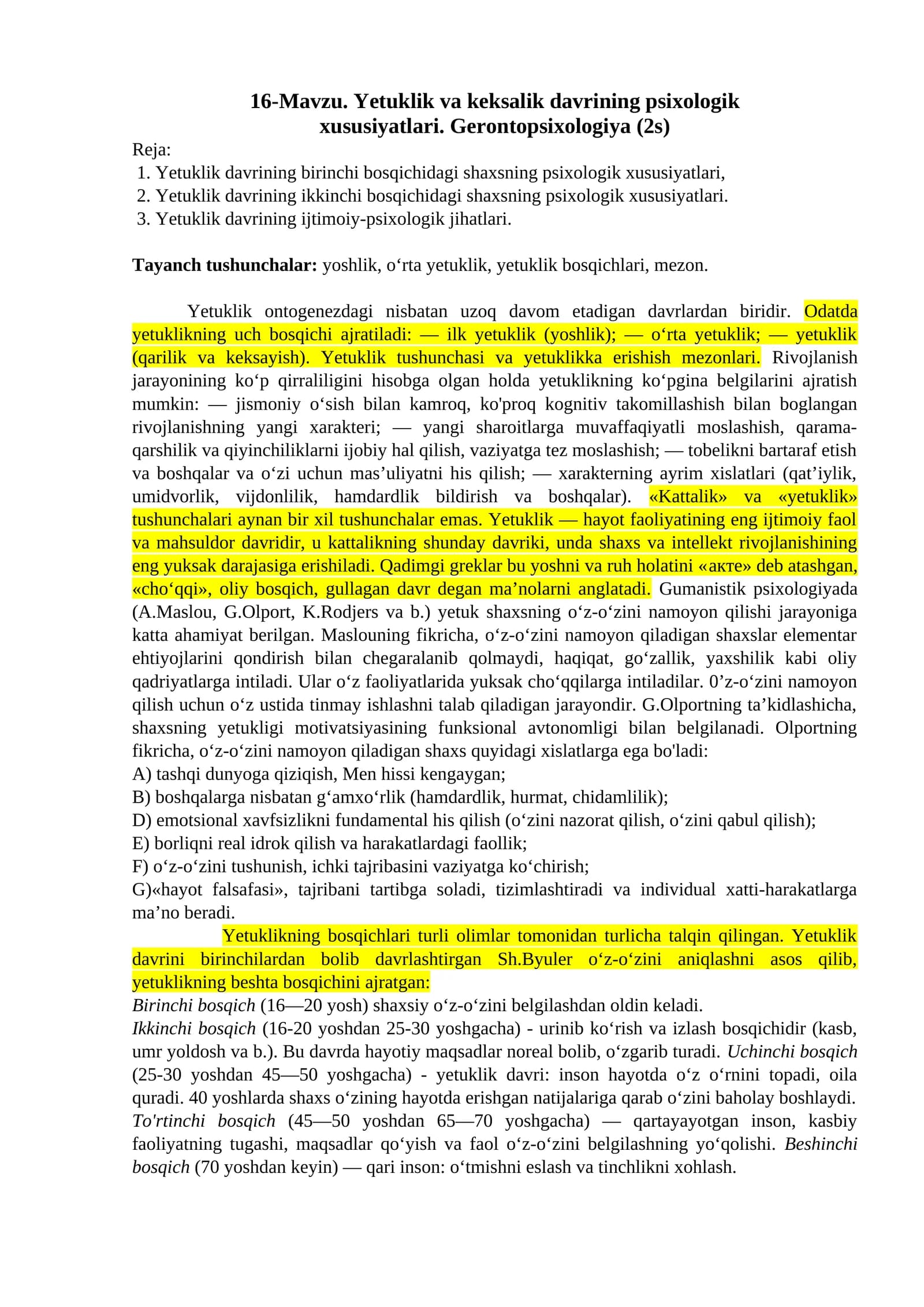 Yetuklik va keksalik davrining psixologik xususiyatlari
