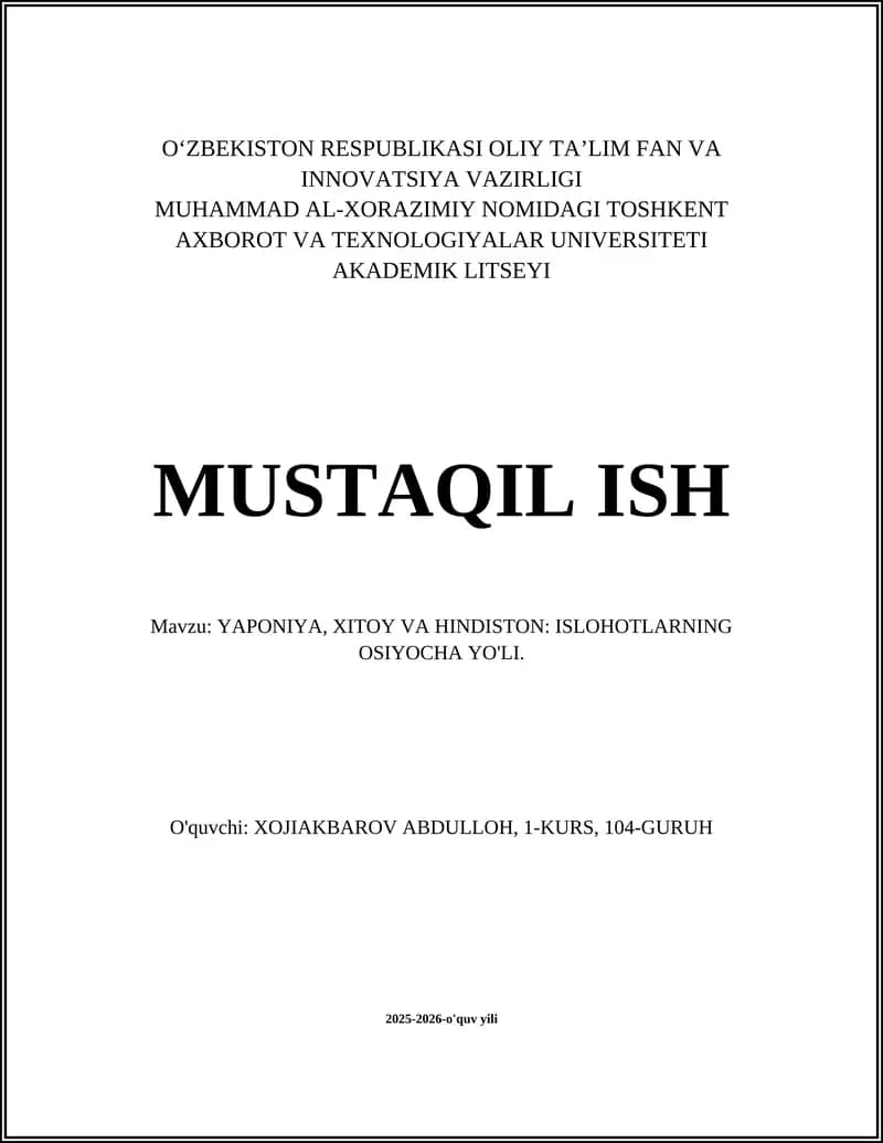 YAPONIYA, XITOY VA HINDISTON: ISLOHOTLARNING OSIYOCHA YO'LI