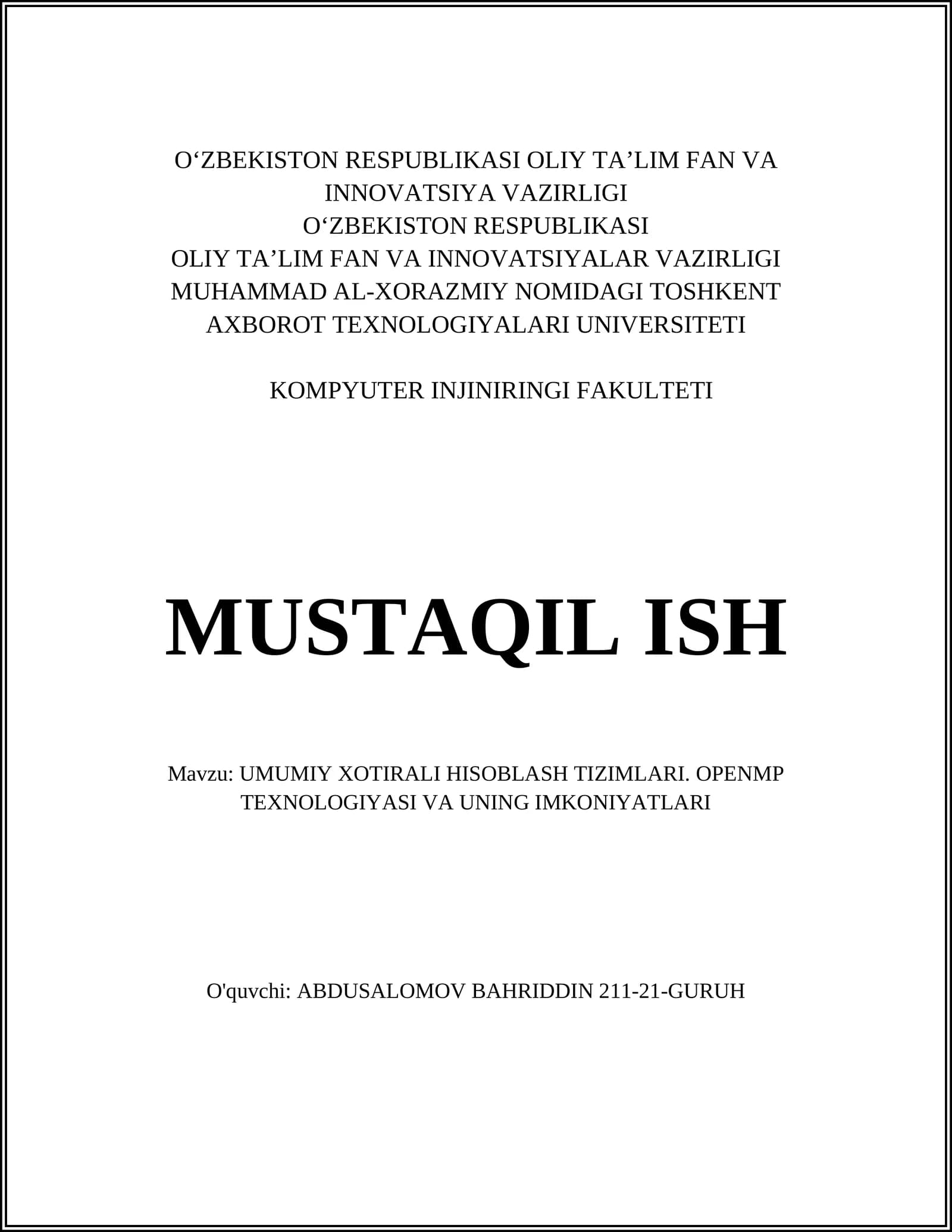 UMUMIY XOTIRALI HISOBLASH TIZIMLARI. OPENMP TEXNOLOGIYASI VA UNING IMKONIYATLARI