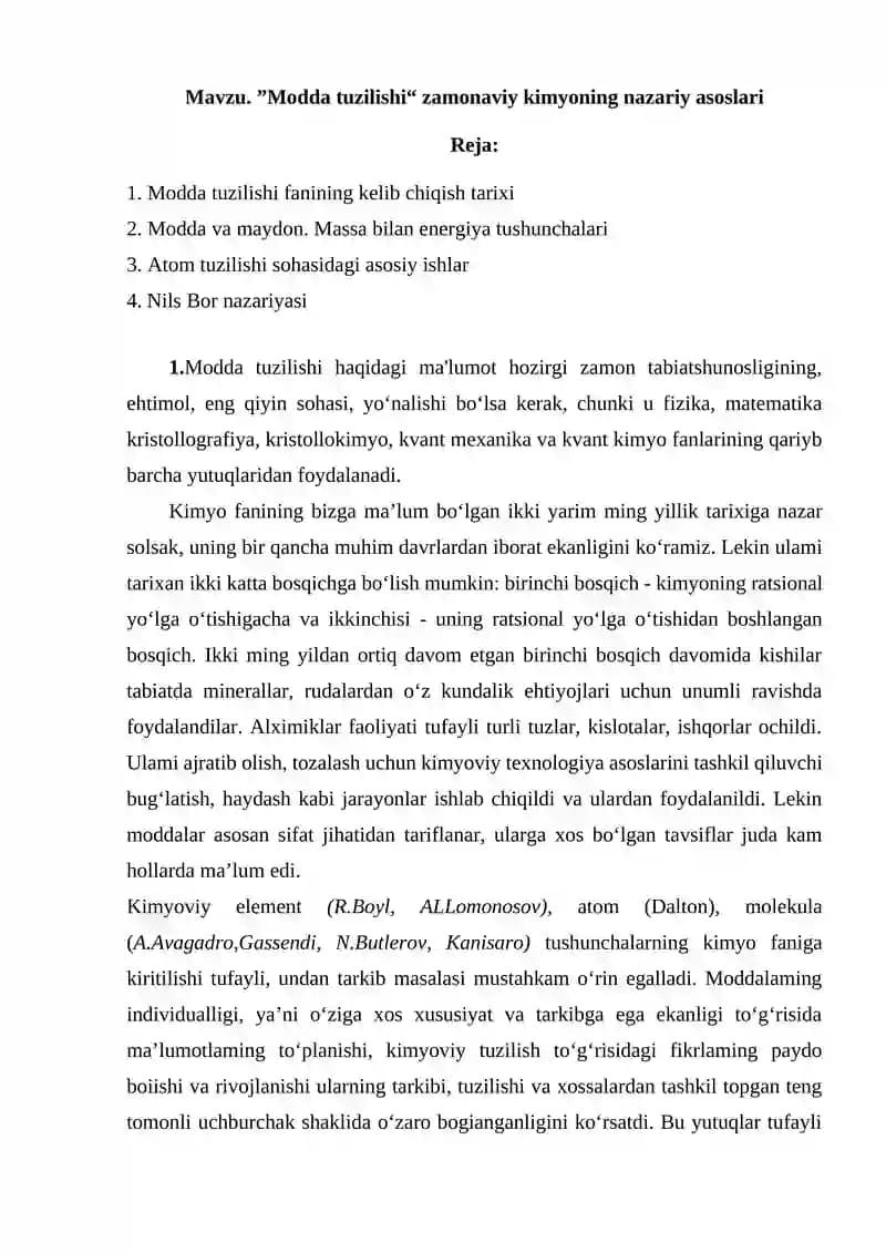 ”Modda tuzilishi“ zamonaviy kimyoning nazariy asoslari