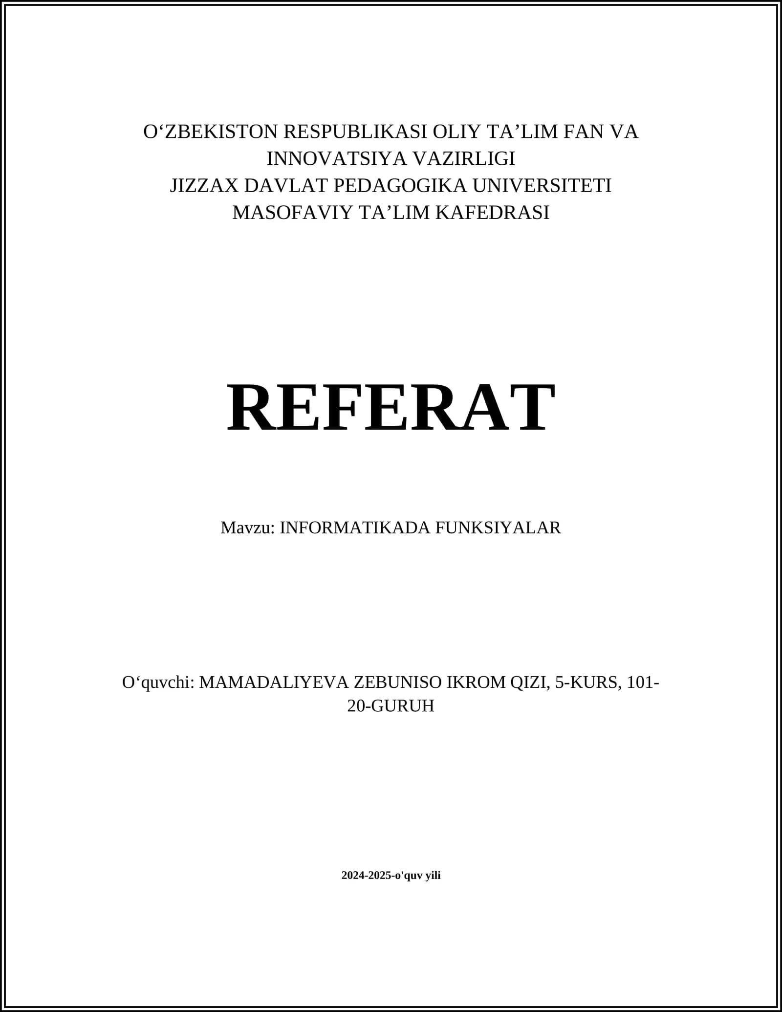 INFORMATIKADA FUNKSIYALAR