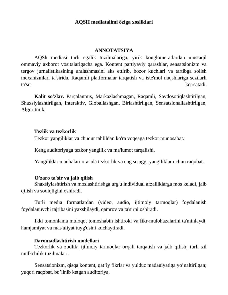 AQSH mediatalimi ôziga xosliklari