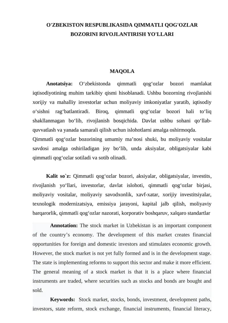 Qimmatli qog'ozlar bozorini rivojlantirish yo'llari