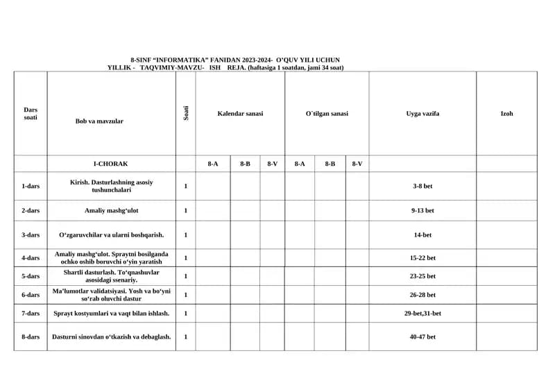 8-SINF “INFORMATIKA” FANIDAN 2023-2024- O’QUV YILI UCHUN YILLIK - TAQVIMIY- MAVZU- ISH REJA