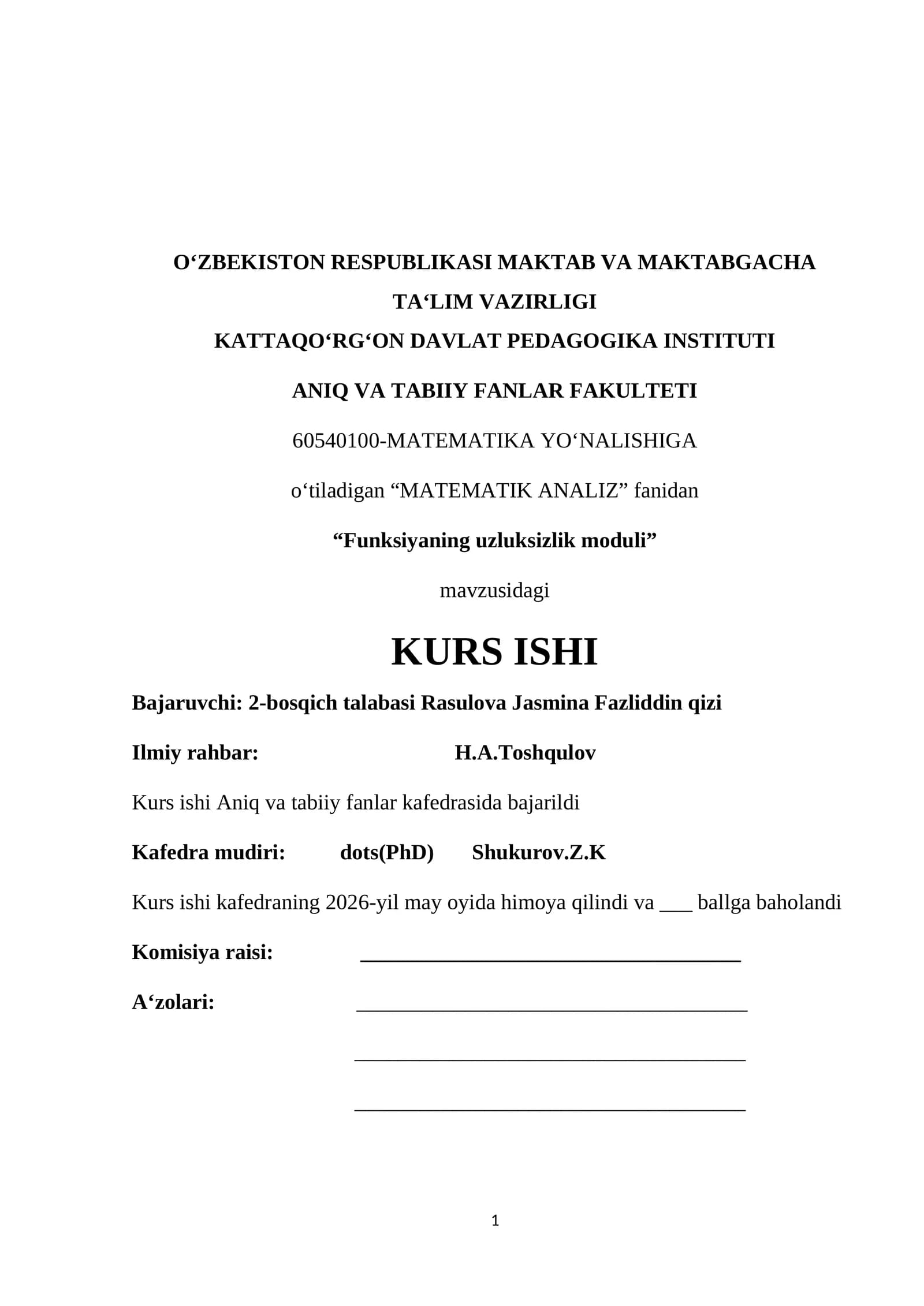 "Funksiyaning uzluksizlik moduli" mavzusidagi KURS ISHI
