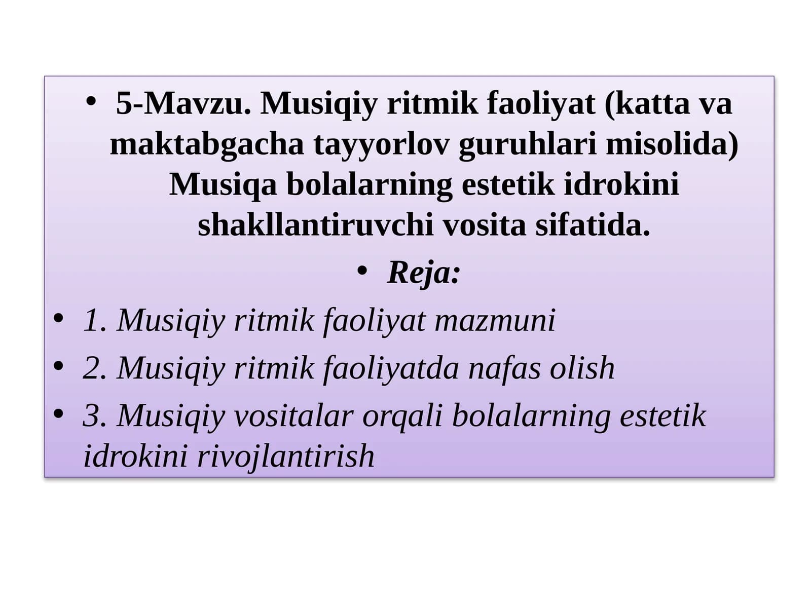 5-Mavzu. Musiqiy ritmik faoliyat(katta va maktabgacha tayyorlov guruhlari misolida)