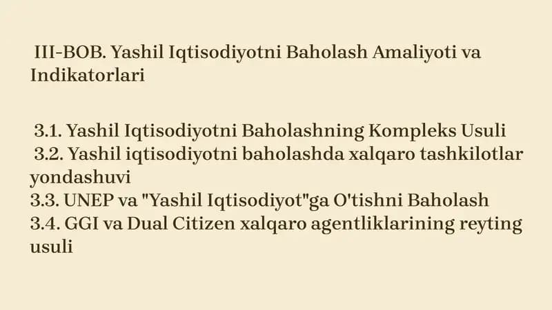 Yashil Iqtisodiyotni Baholashning Kompleks Usuli