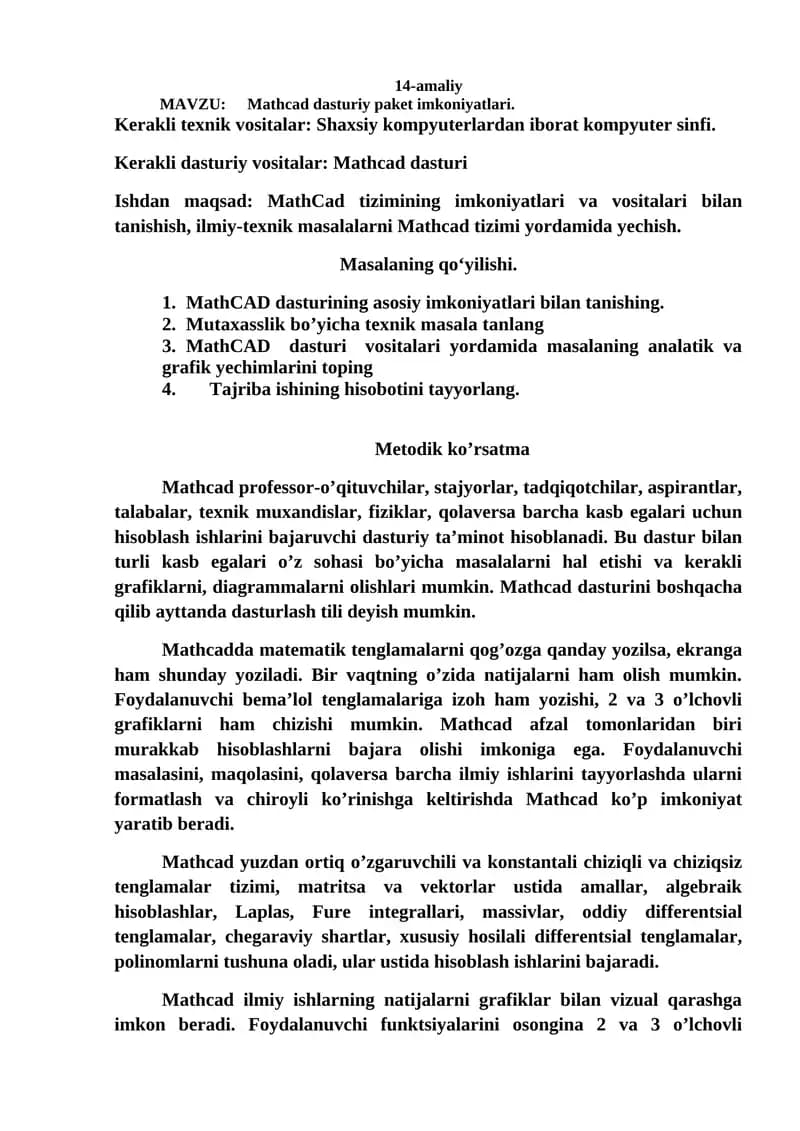Mathcad dasturiy paket imkoniyatlari
