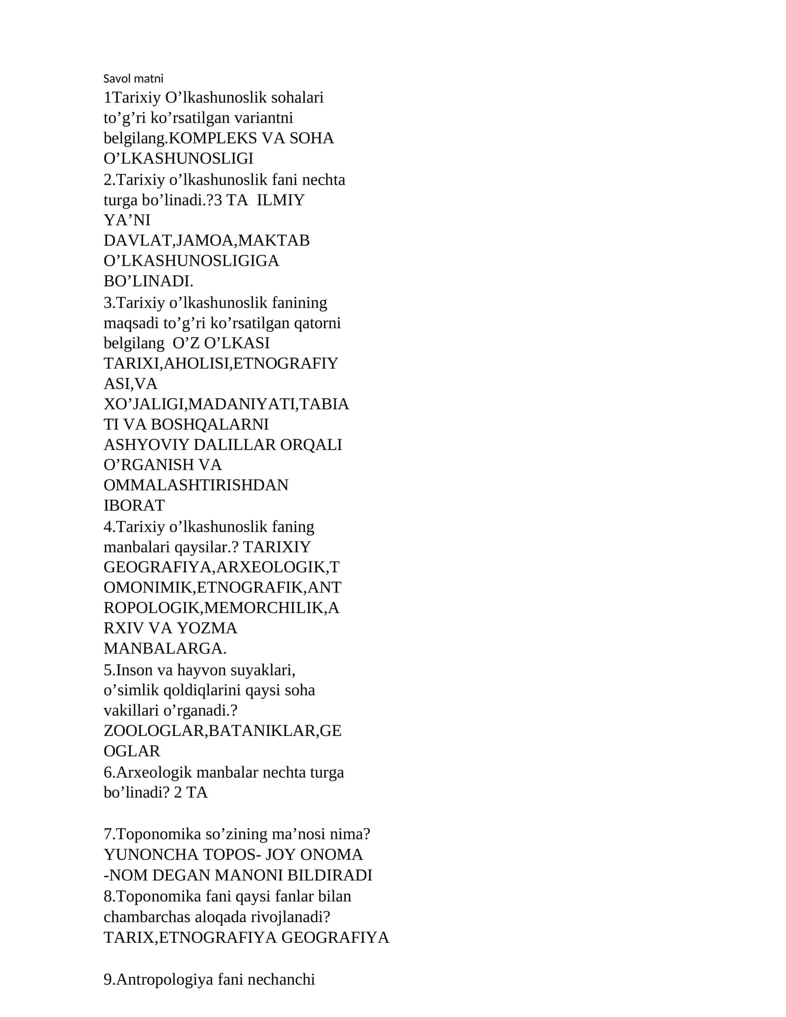 Tarixiy O’lkashunoslik Fanidan Savol Matni