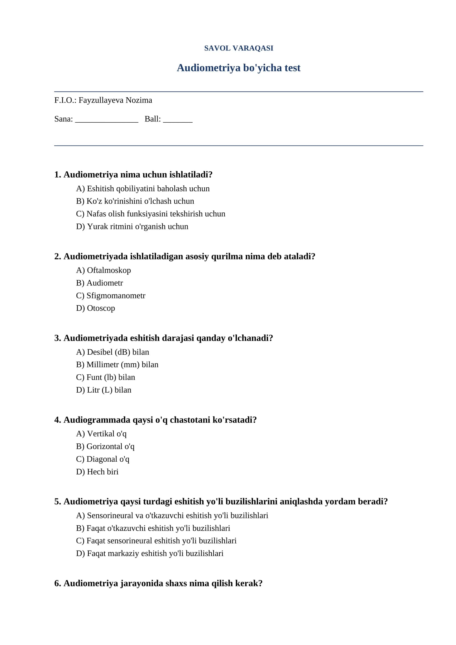 Audiometriya bo'yicha test