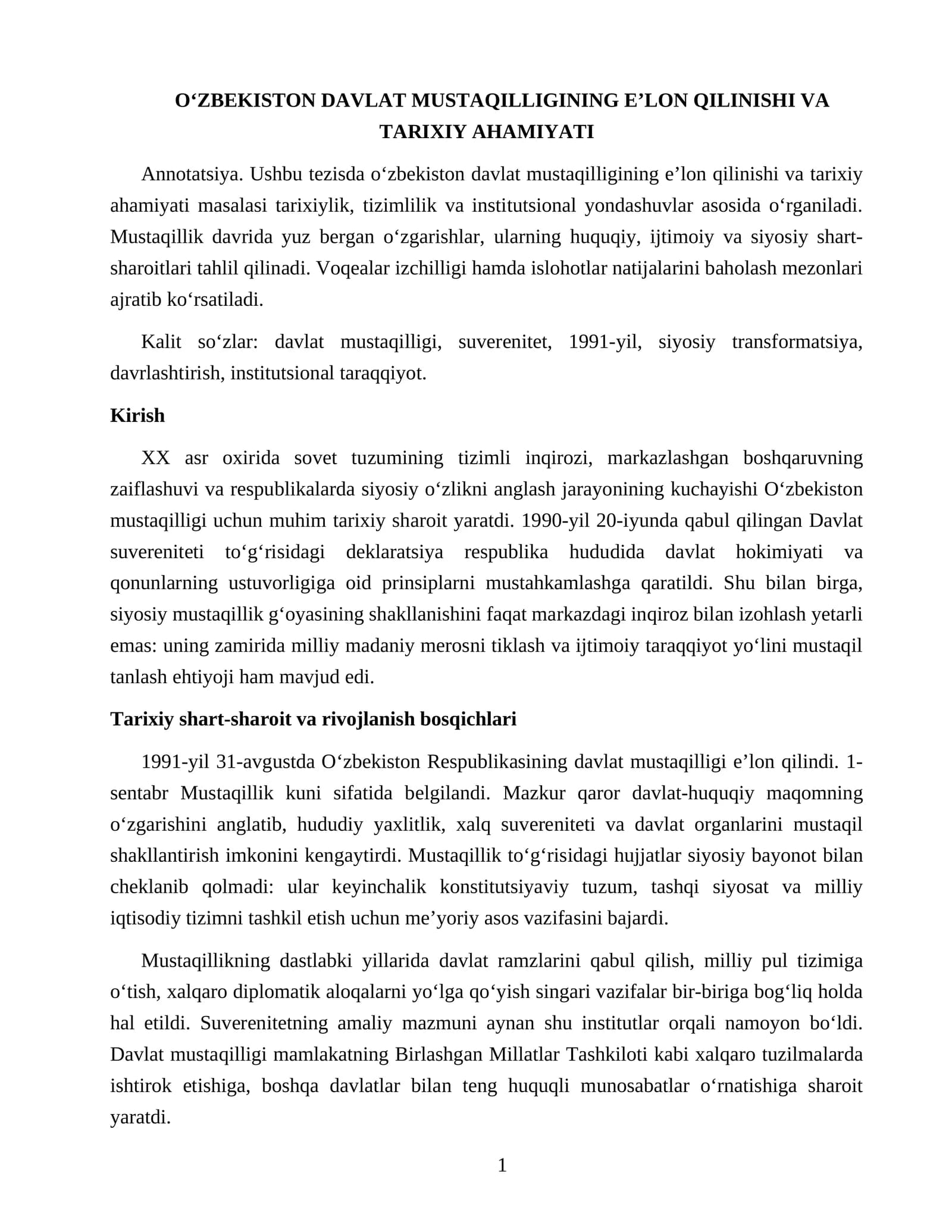 O‘ZBEKISTON DAVLAT MUSTAQILLIGINING E’LON QILINISHI VA TARIXIY AHAMIYATI