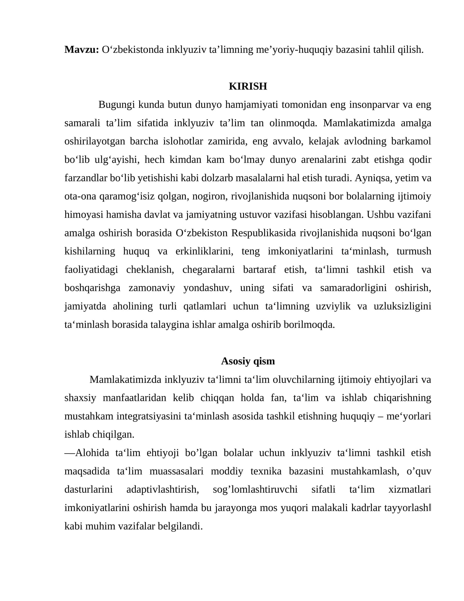 Oʻzbekistonda inklyuziv taʼlimning meʼyoriy-huquqiy bazasini tahlil qilish
