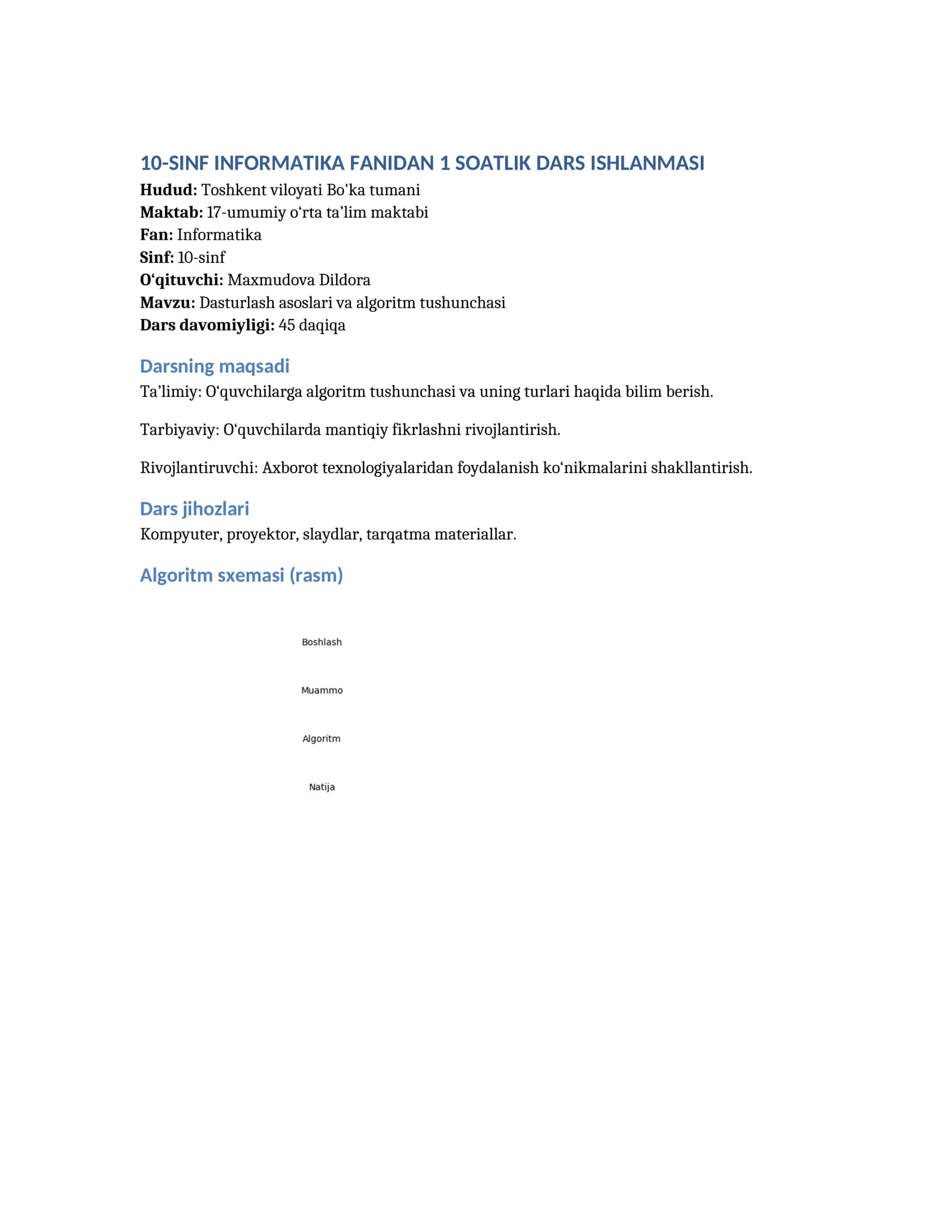 10-SINF INFORMATIKA FANIDAN 1 SOATLIK DARS ISHLANMASI