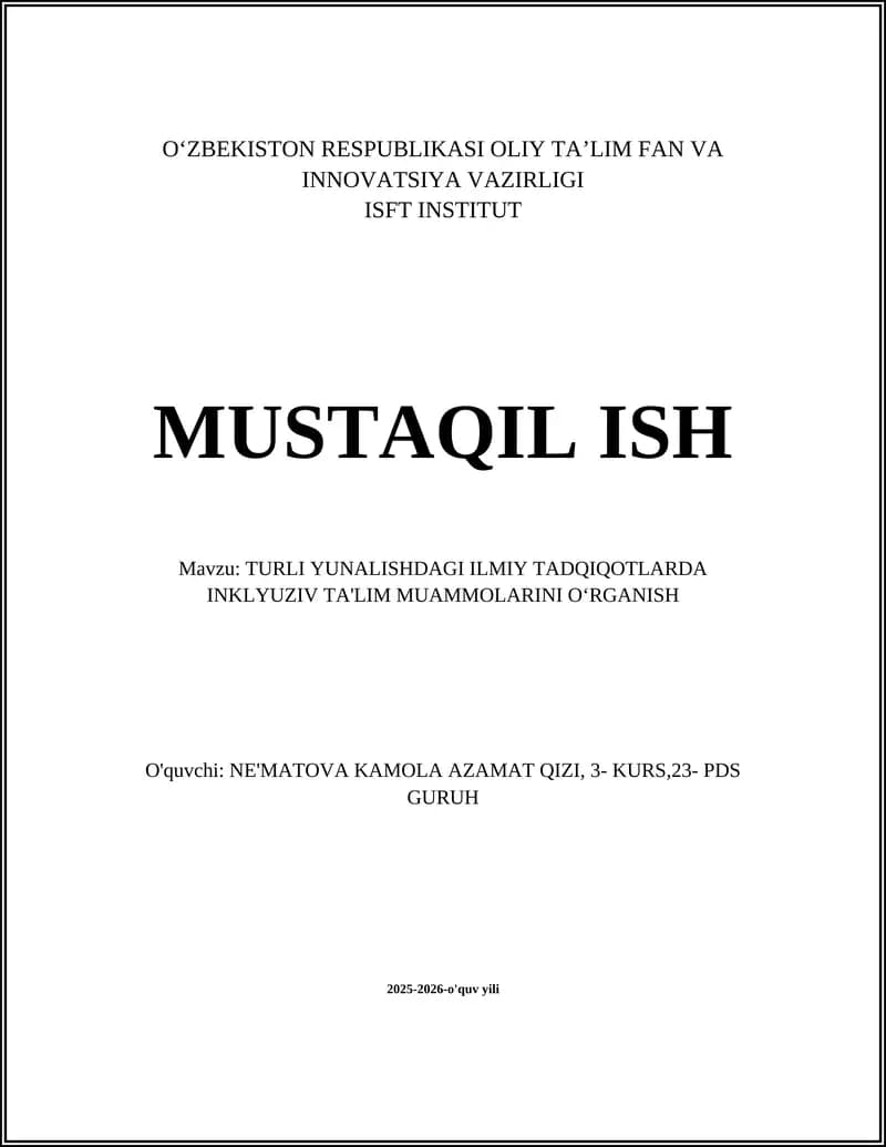 Turli yunalishdagi ilmiy tadqiqotlarda inkluziv ta'lim: pedagogik yondashuvlar va metodologiyalarni o'rganish