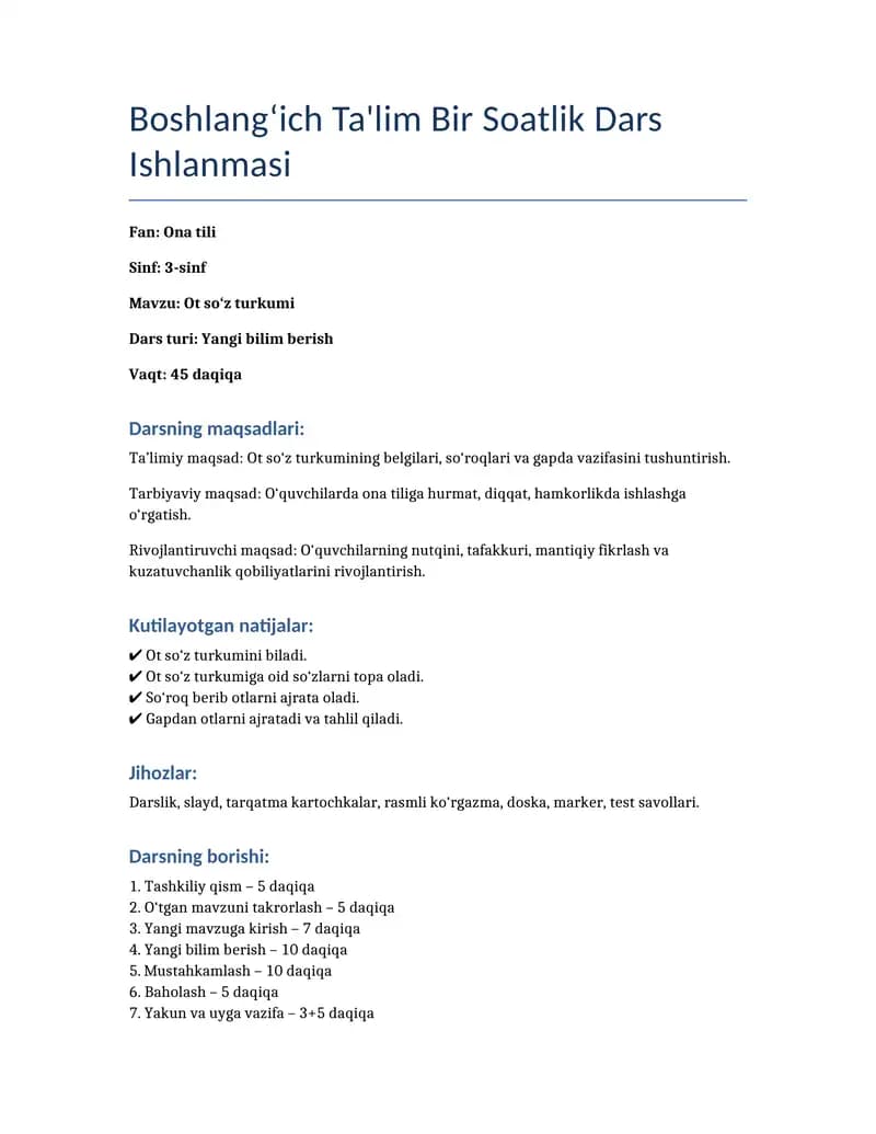 Boshlang‘ich Ta'lim Bir Soatlik Dars Ishlanmasi