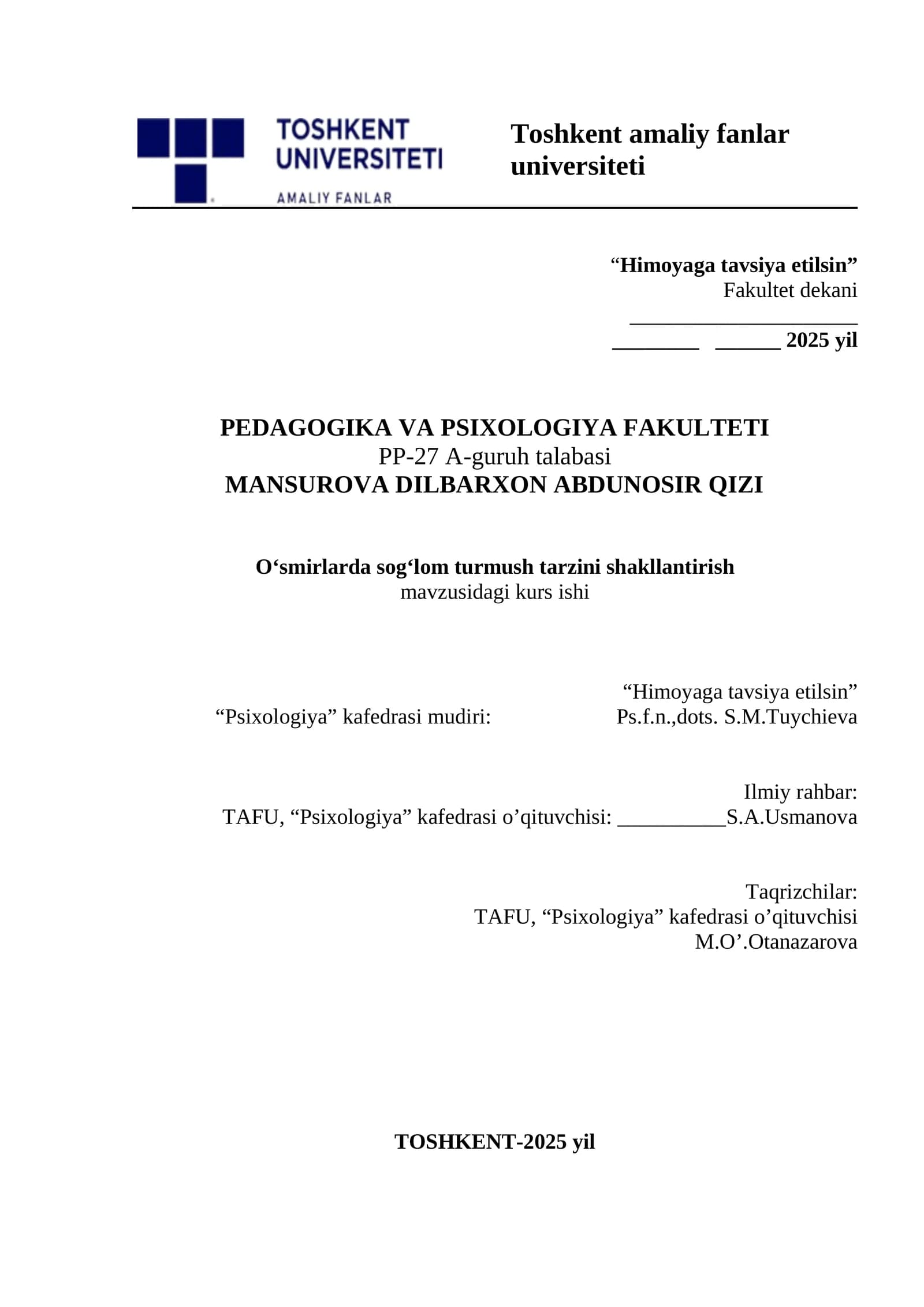 O‘smirlarda sog‘lom turmush tarzini shakllantirish mavzusidagi kurs ishi