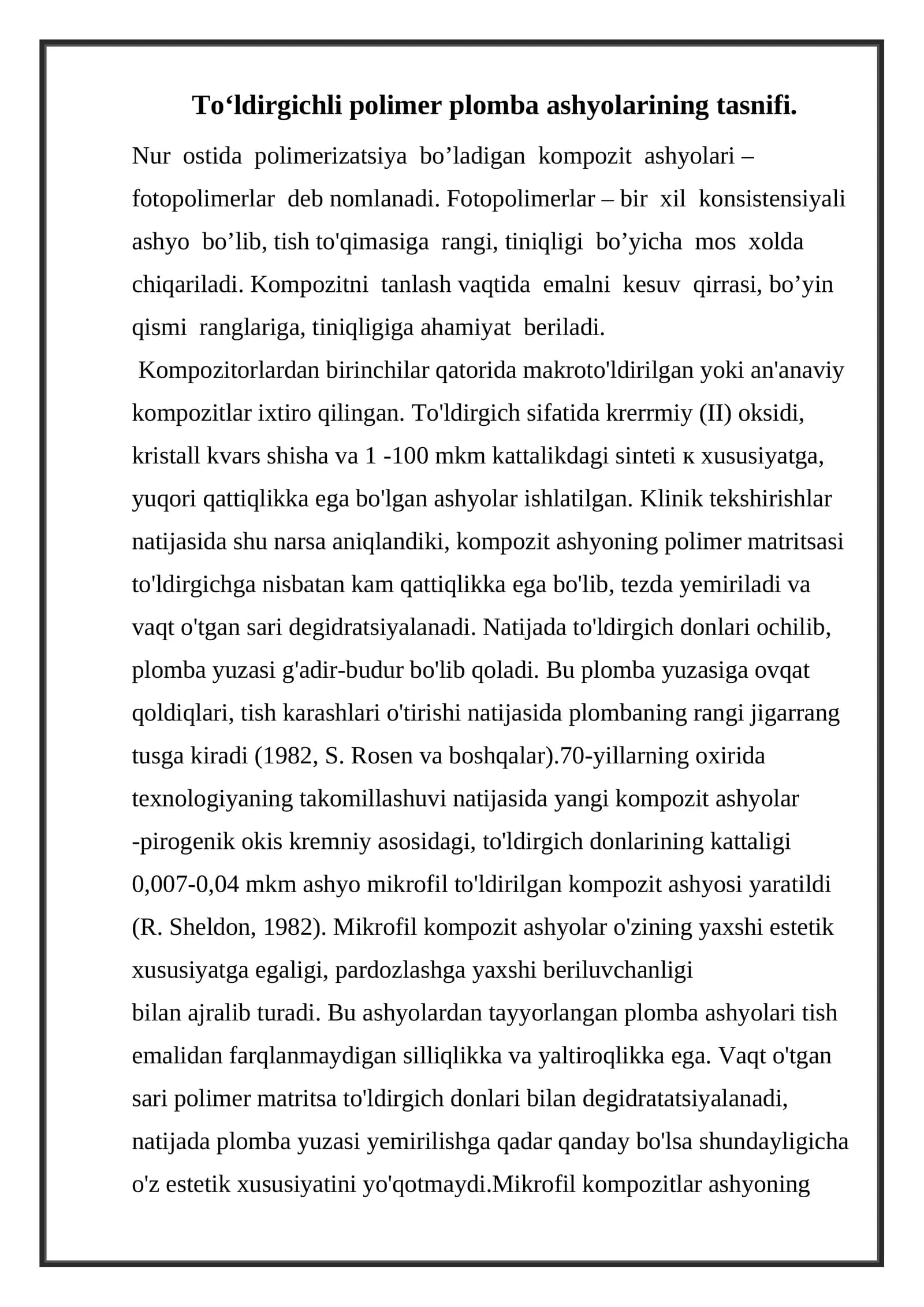 To‘ldirgichli polimer plomba ashyolarining tasnifi