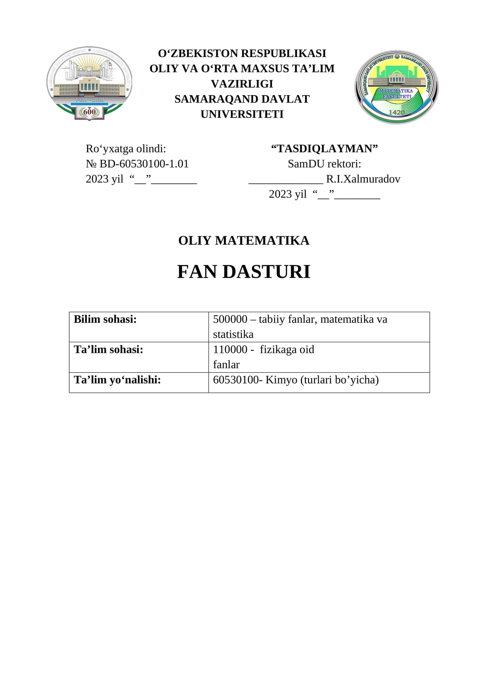 OLIY MATEMATIKA FAN DASTURI