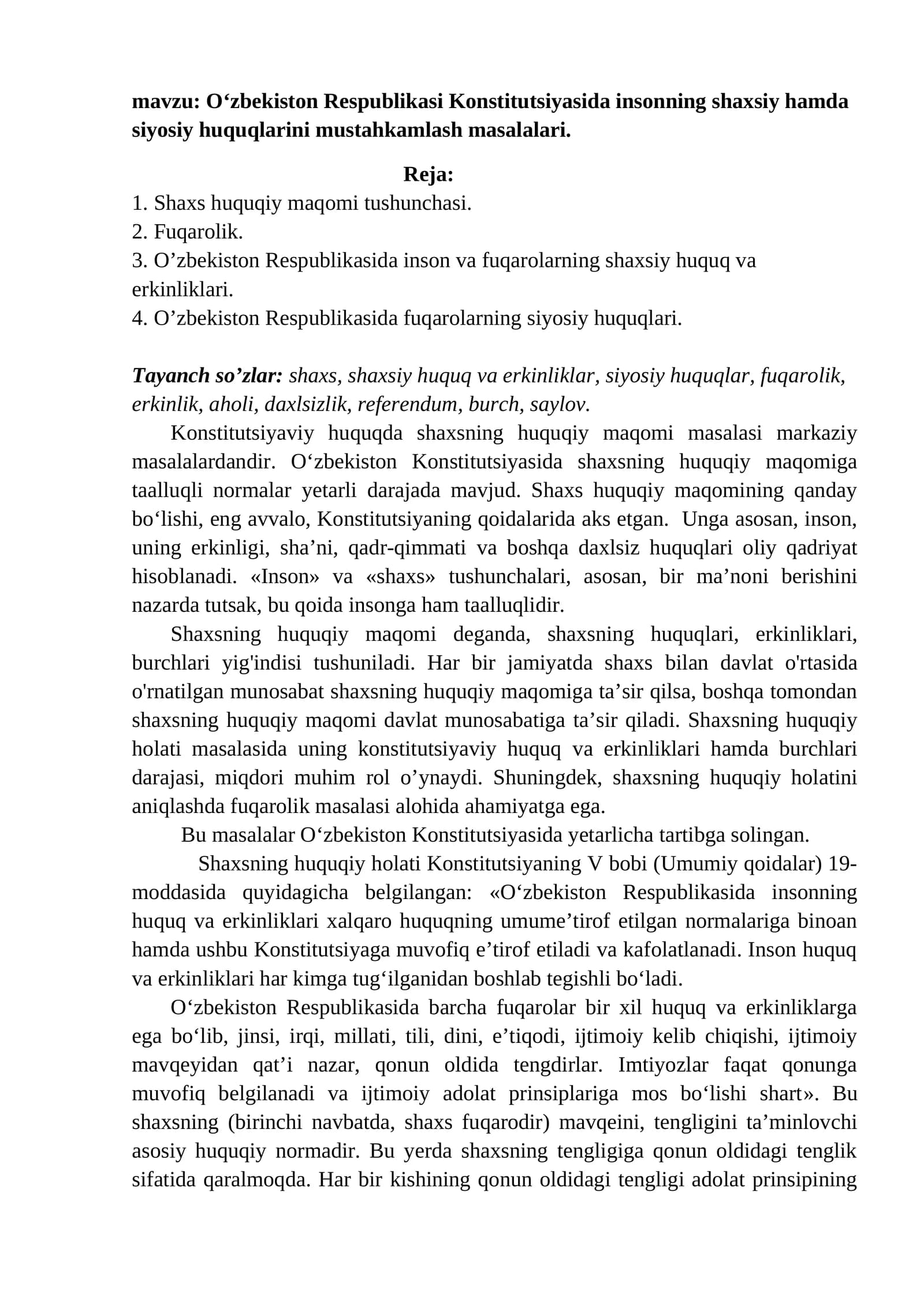 O'zbekiston Respublikasi Konstitutsiyasida Insonning Shaxsiy va Siyosiy Huquqlari