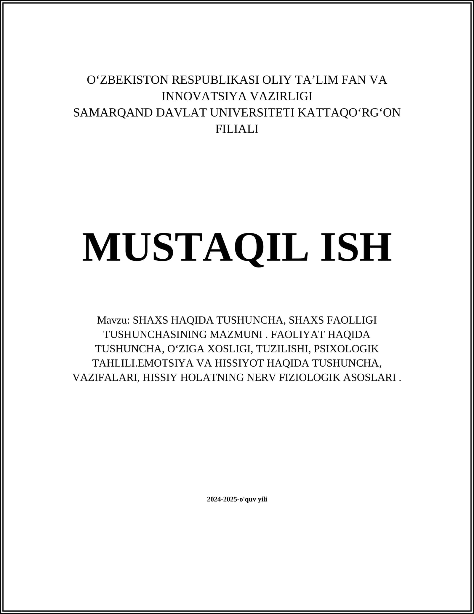 SHAXS HAQIDA TUSHUNCHA, SHAXS FAOLLIGI TUSHUNCHASINING MAZMUNI