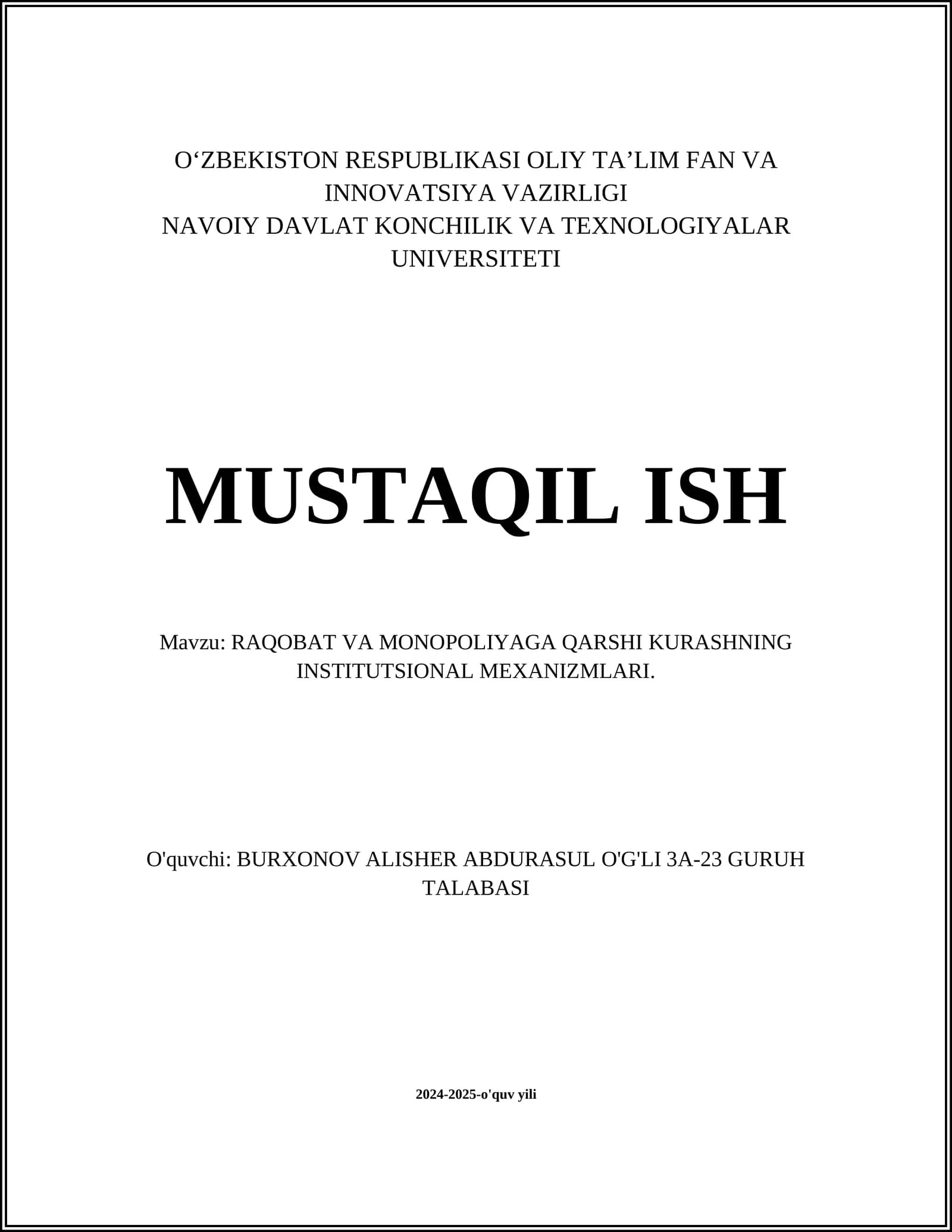 RAQOBAT VA MONOPOLIYAGA QARSHI KURASHNING INSTITUTSIONAL MEXANIZMLARI