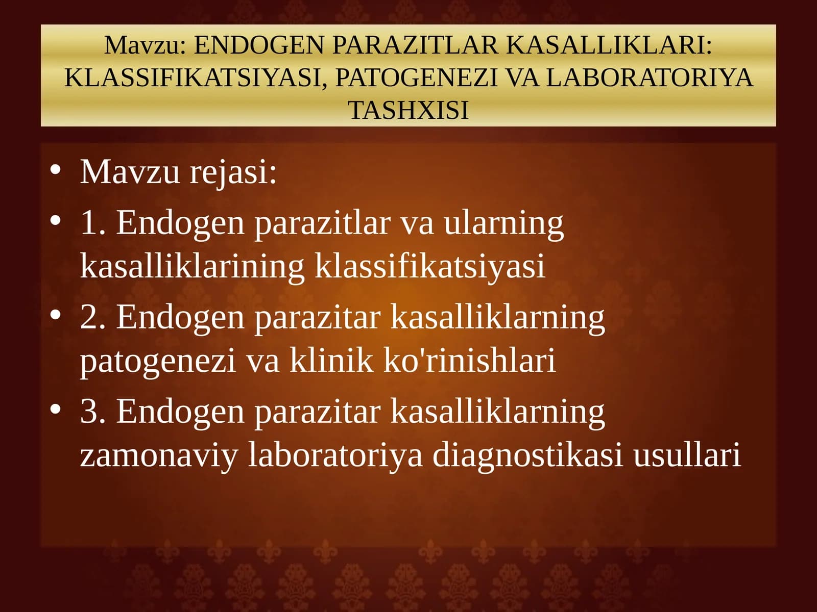 ENDOGEN PARAZITLAR KASALLIKLARI: KLASSIFIKATSIYASI, PATOGENEZI VA LABORATORIYA TASHXISI taqdimot