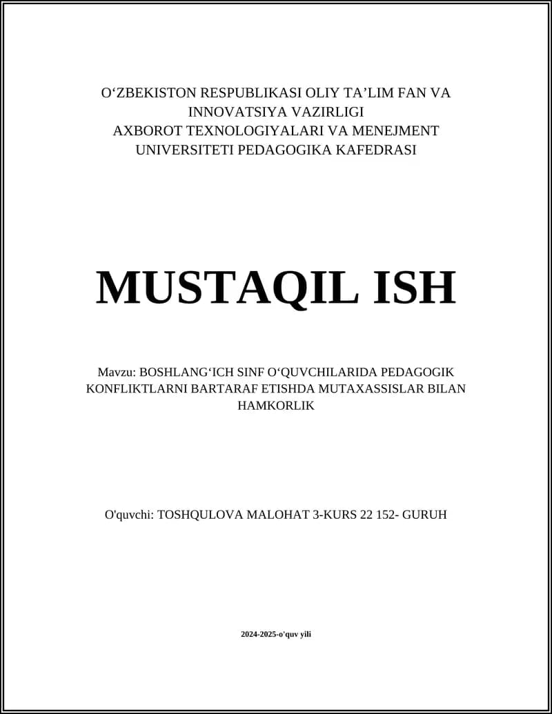 BOSHLANGʻICH SINF OʻQUVCHILARIDA PEDAGOGIK KONFLIKTLARNI BARTARAF ETISHDA MUTAXASSISLAR BILAN HAMKORLIK