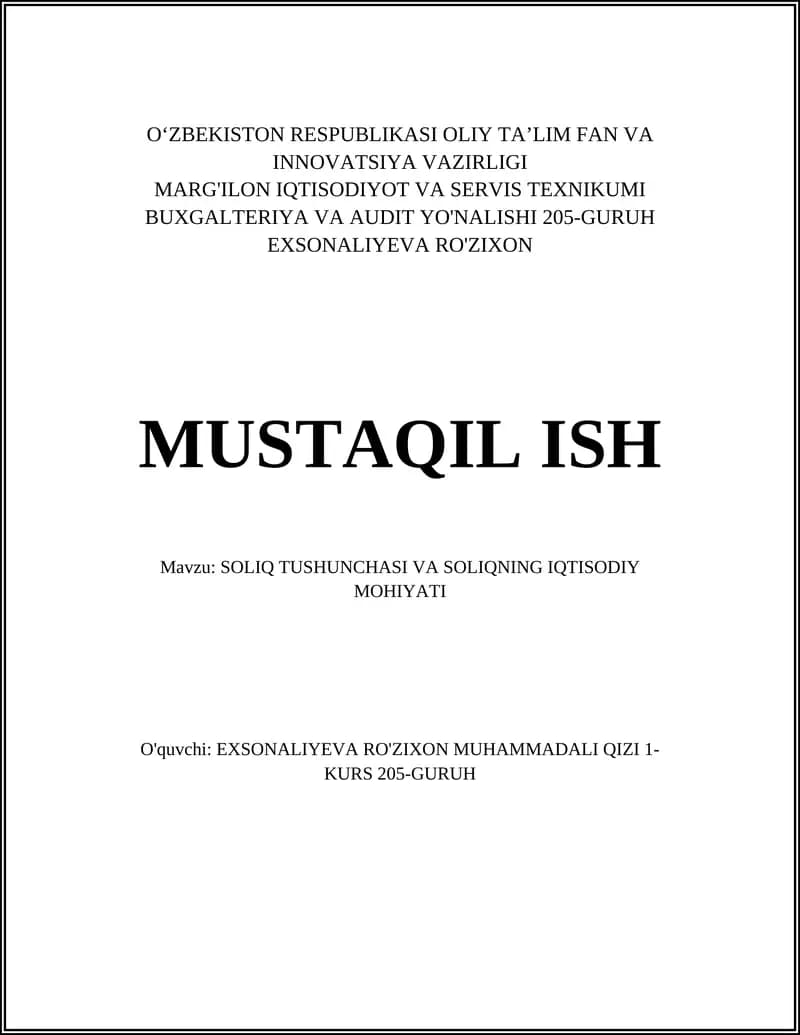 SOLIQ TUSHUNCHASI VA SOLIQNING IQTISODIY MOHIYATI