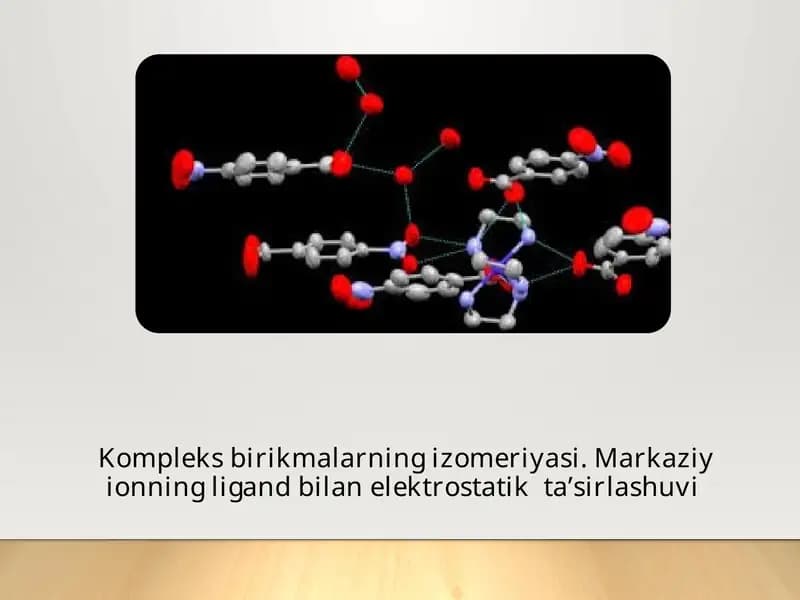 Kompleks birikmalarning izomeriyasi. Markaziy ionning ligand bilan elektrostatik  ta’sirlashuvi