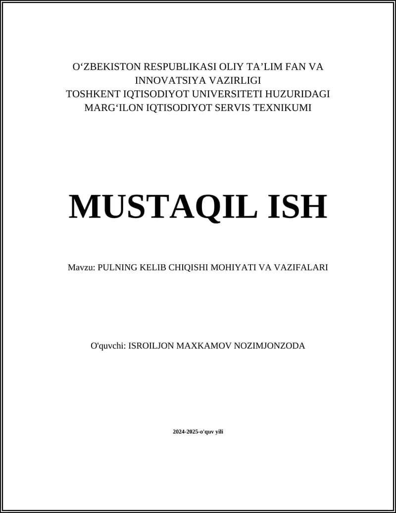 Pulning Kelib Chiqishi Mohiyati va Vazifalari