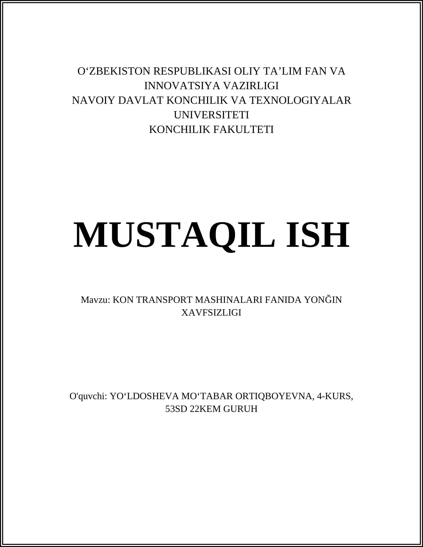 Kon transport mashinalari fanida yong'in xavfsizligi asoslari