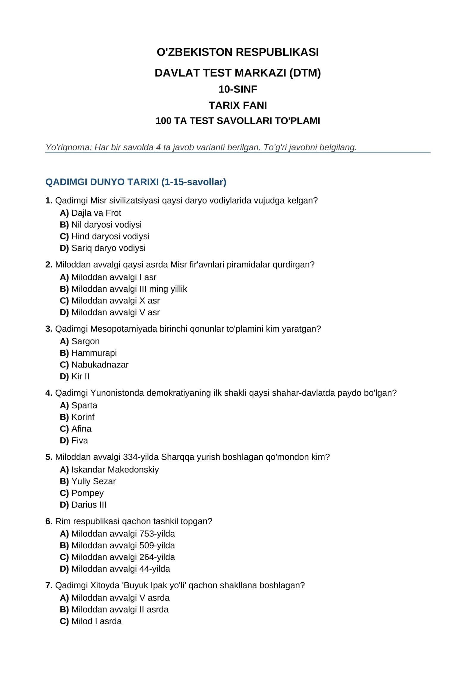 Tarix savollar