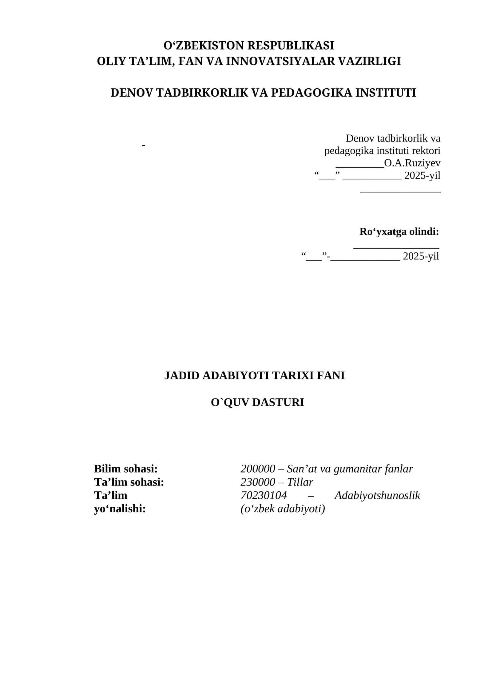 JADID ADABIYOTI TARIXI FANI O`QUV DASTURI